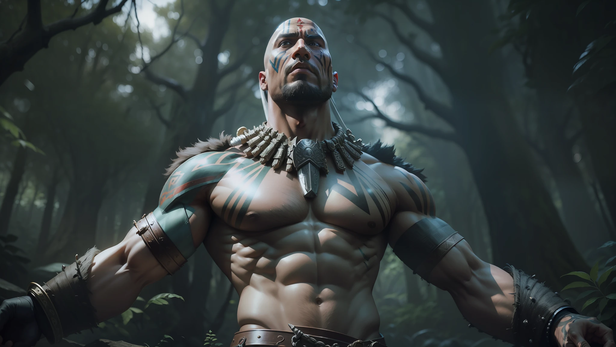 a close up of a man with a sword in a forest, dwayne johnson as kratos, dwayne johnson as god of war, craig mullins nekro, with rune tattoos on the face, shaman, god of war 2 0 1 8, featured on cgsociety, film still from god of war, nekro borja, movie still of aztec cyborg --auto --s2