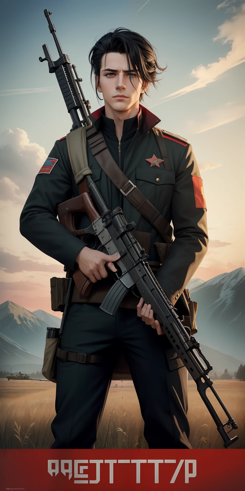 CCCPposter, soviet poster, poster , sovilet, flag, field,red sky, uniform,masterpiece, best quality, highres, 1boy, solo, emet selch, white streaked hair, black hair photorealistic, serious ,(holding weapon, holding rifle,aiming,aim:1.2), gun, h&k hk416,