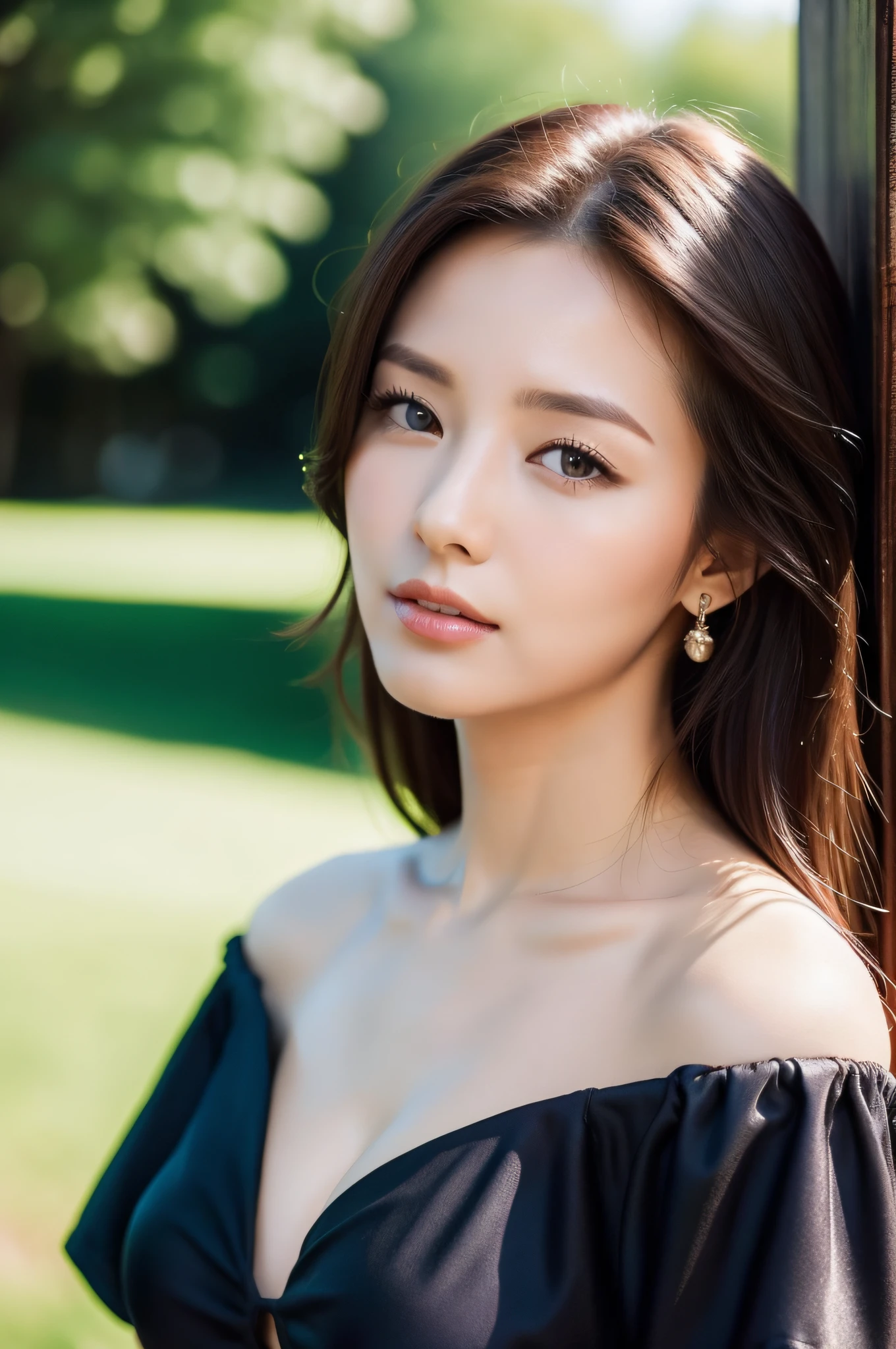 ((Top Quality, 8K, Masterpiece: 1.3)), Sharp Focus: 1.2, (Super Beautiful Face: 1.0), (Slender Abs Beauty: 1.0), (Shiny Skin: 1.0), Realistic Photography, Black Hair, Realistic Pupils, Video Lighting, High Definition Eyes and Face, Video Lighting, Midchest Cleavage, (Cowboy Shot: 1.0), Off-Shoulder Blouse, happy in nature