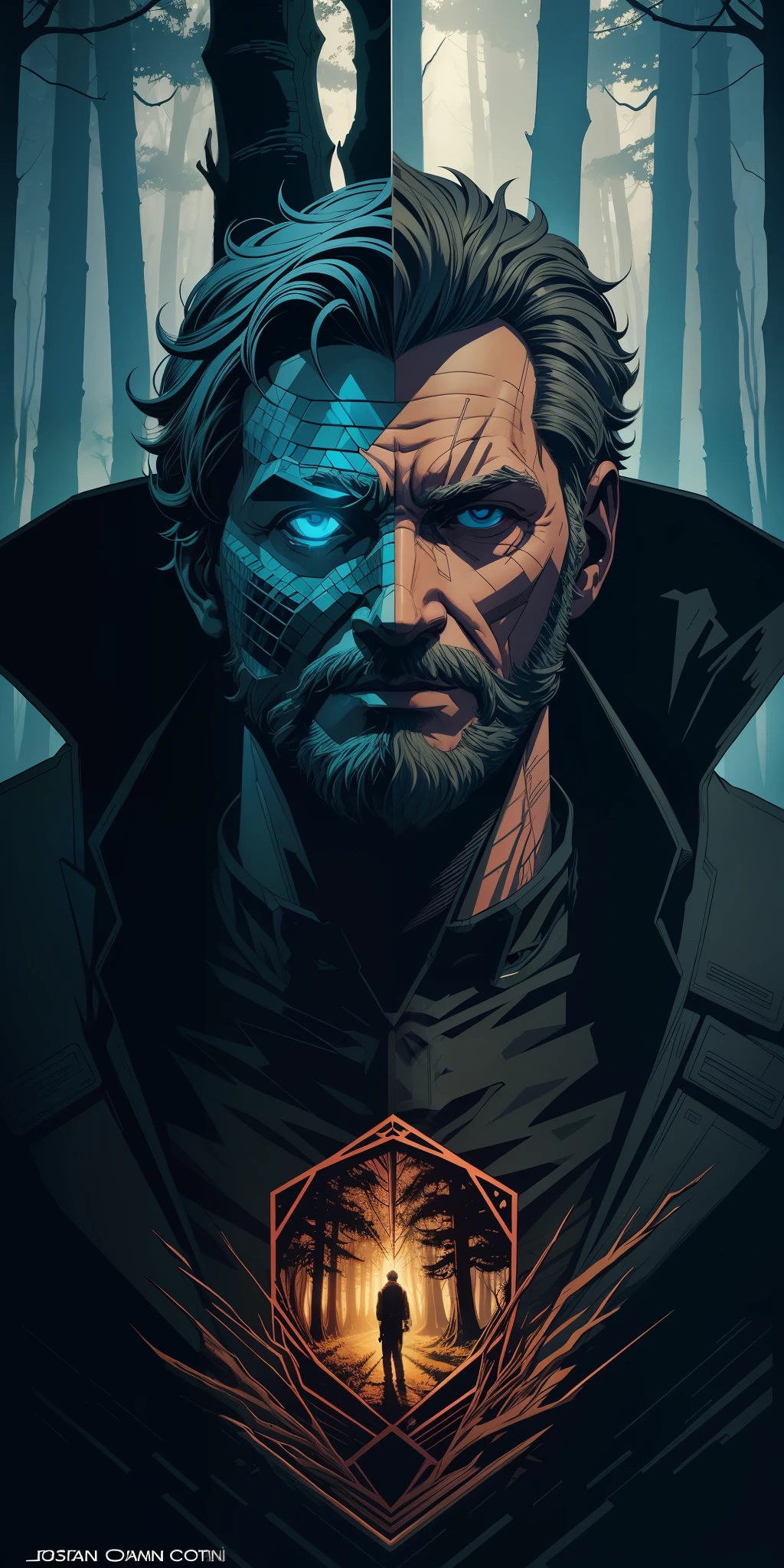 (art by Josan Gonzalez:1.2), detailed, sharp image, rim light, closeup, poster, hdr, dark woods,old man chop down trees, 1boy