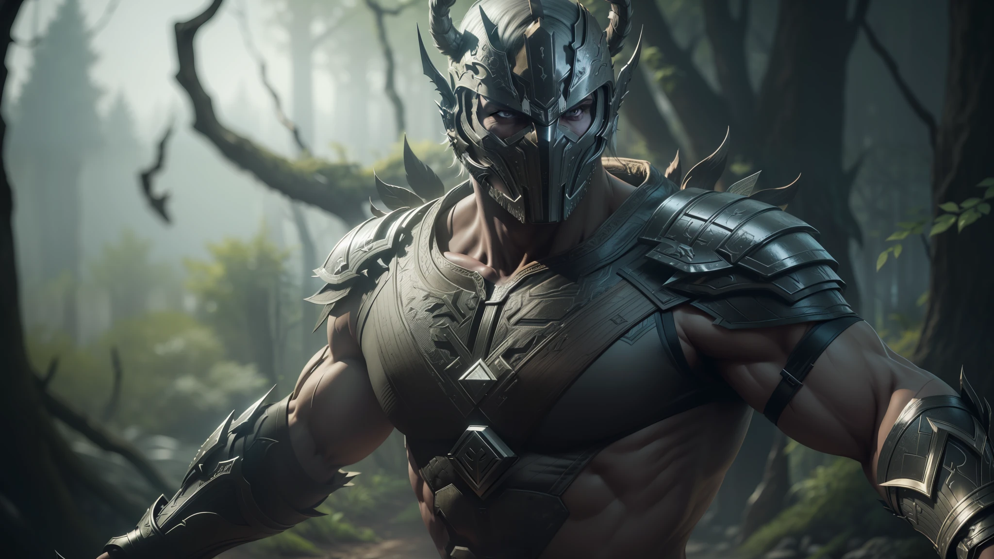 a close up of a man in a silver costume in a forest, mortal kombat 11, unreal engine: .2, in mortal kombat, unreal engine 8k, unreal engine 8 k, 8 k unreal engine, 8k unreal engine, unreal engine 5”, beaten. unreal engine, unreal engine character art, baraka, unreal engine 5 detail --auto --s2