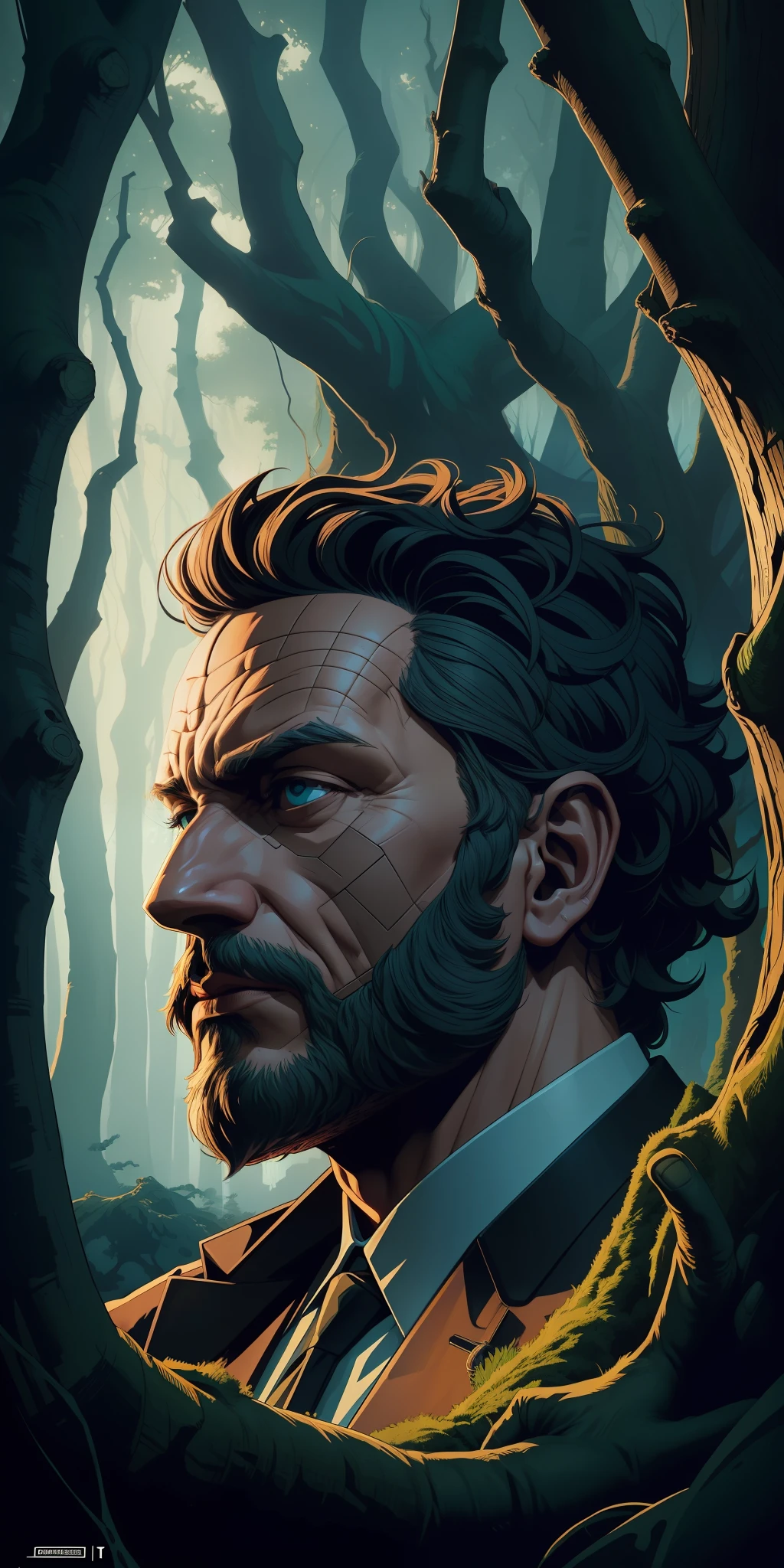 (art by Josan Gonzalez:1.2), detailed, sharp image, rim light, closeup, poster, hdr, dark woods,old man chop down trees, 1boy