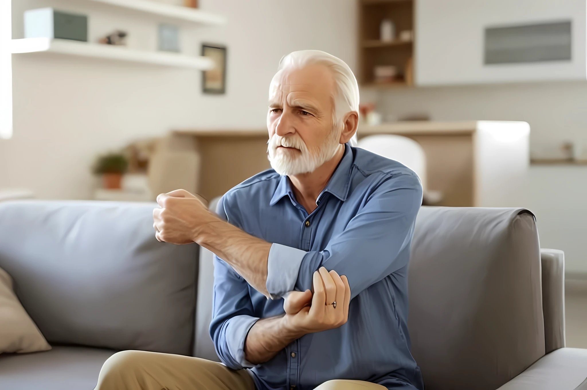 older man sitting on a couch with his arm wrapped around his elbow, sitting with his wrists together, by Adam Marczyński, by Kazimierz Wojniakowski, by Emma Andijewska, insanely detailed, bandage on arms, épaule devant pose, slightly turned to the right, looking partially to the left, drawing --auto --s2