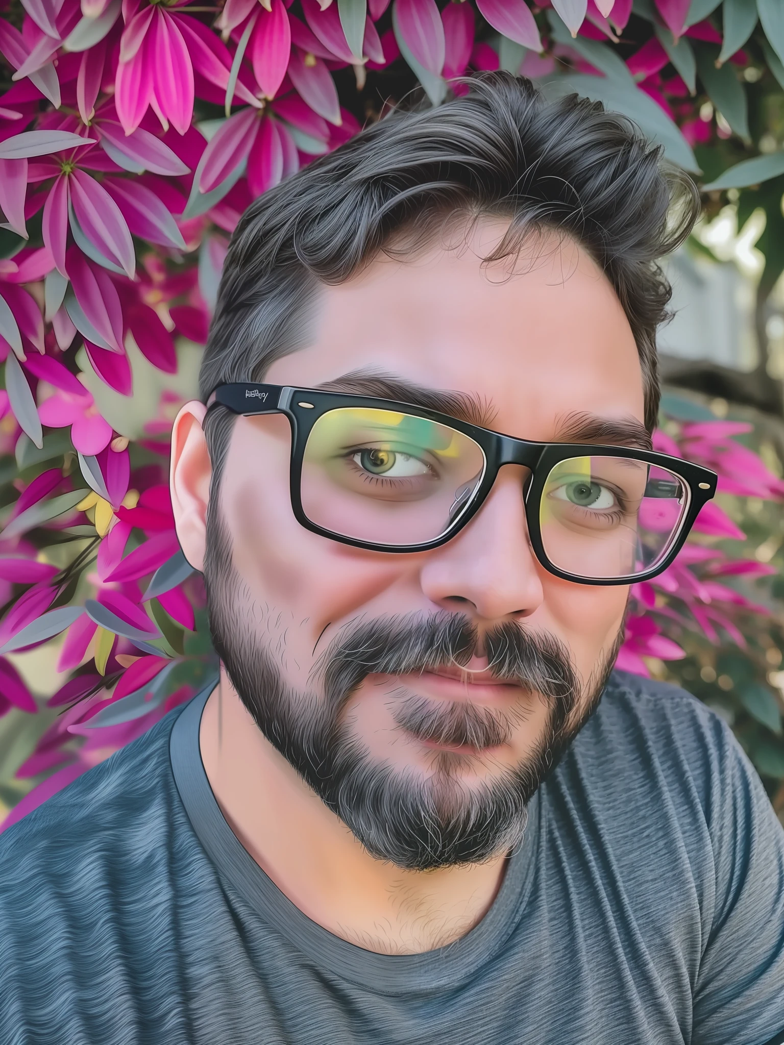 There's a bespectacled and bearded man wearing a gray shirt, with glasses and goatee, with nerdy glasses and goatee, 8k selfie photography, with nerd! glasses! and goatee, headshot profile picture, heavy eyes to the side. In the funfo flowers and more flowers of all colors.