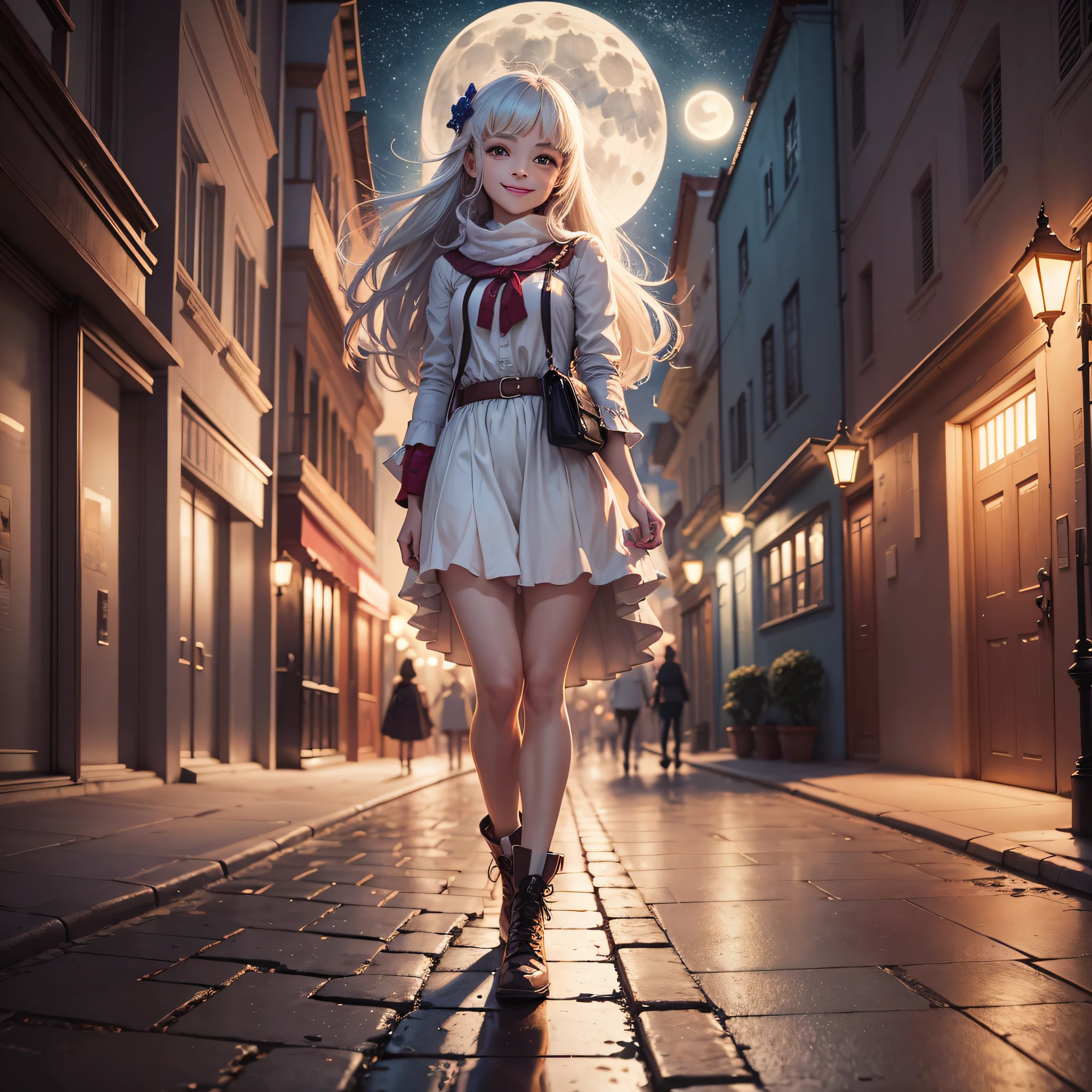 Good evening with beautiful girl smiling and walking in the moonlight --auto --s2