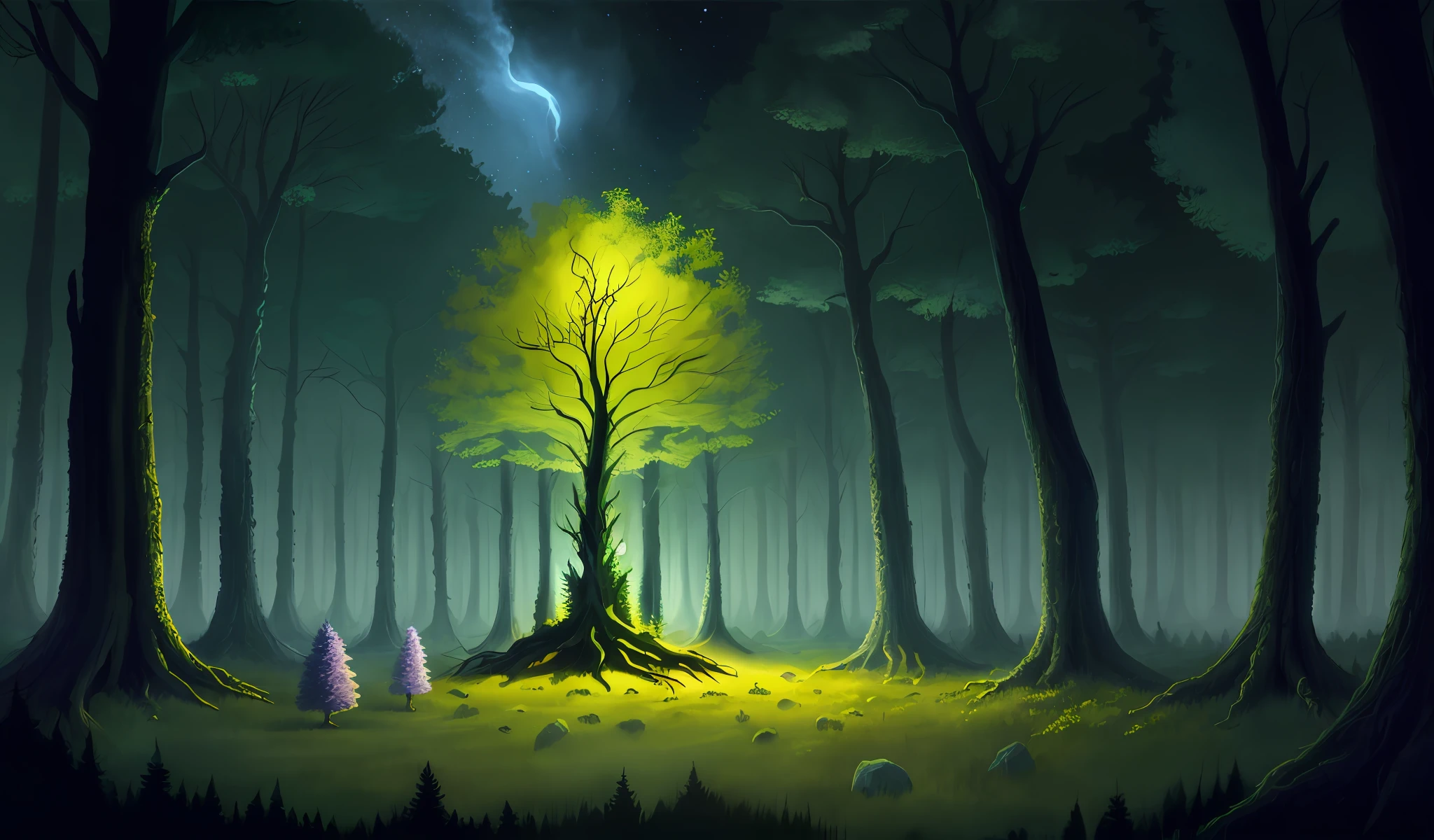 Forest with strange trees and ostis creatures, the night (detailed drawing) (strong colors) (scary)