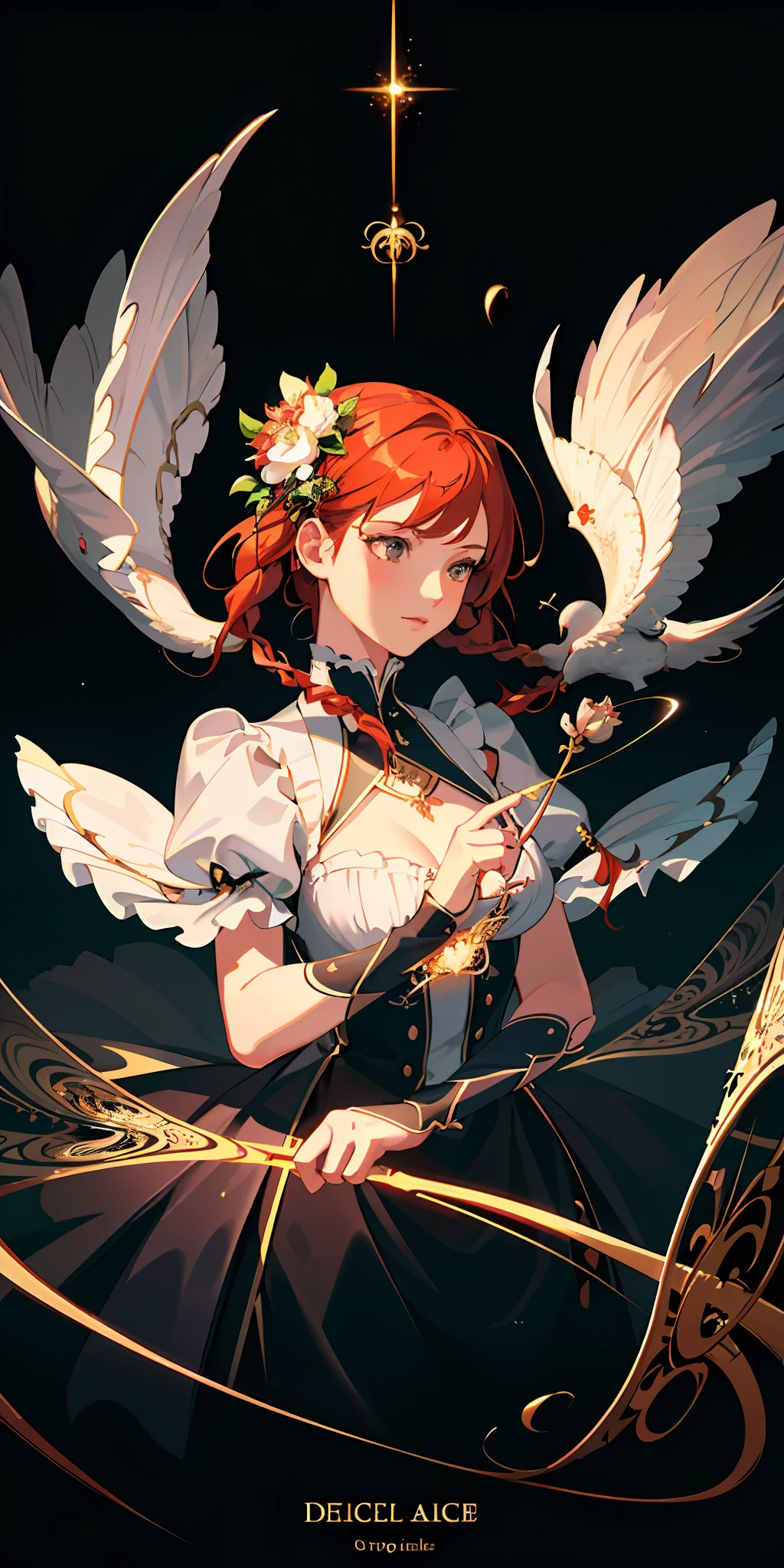 delicate and beautiful CG artwork),(best quality, ultra-detailed, high resolution),(dynamic angle, dynamic lighting),(1 girl),(masterpiece, top quality, best quality, official art, beautiful and aesthetic:1.2), (1girl:1.3), (fractal art:1.3), card, tarot, red hair, hearts, twin braids, hair flower, (good lighting:1.1), ((highres)), Tarot card style, witch