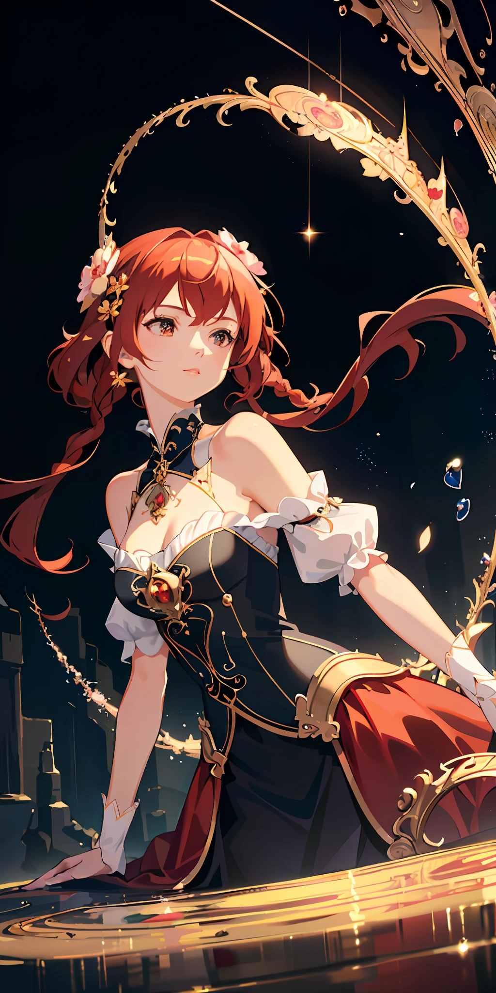 delicate and beautiful CG artwork),(best quality, ultra-detailed, high resolution),(dynamic angle, dynamic lighting),(1 girl),(masterpiece, top quality, best quality, official art, beautiful and aesthetic:1.2), (1girl:1.3), (fractal art:1.3), card, tarot, red hair, hearts, twin braids, hair flower, (good lighting:1.1), ((highres)), Tarot card style, witch