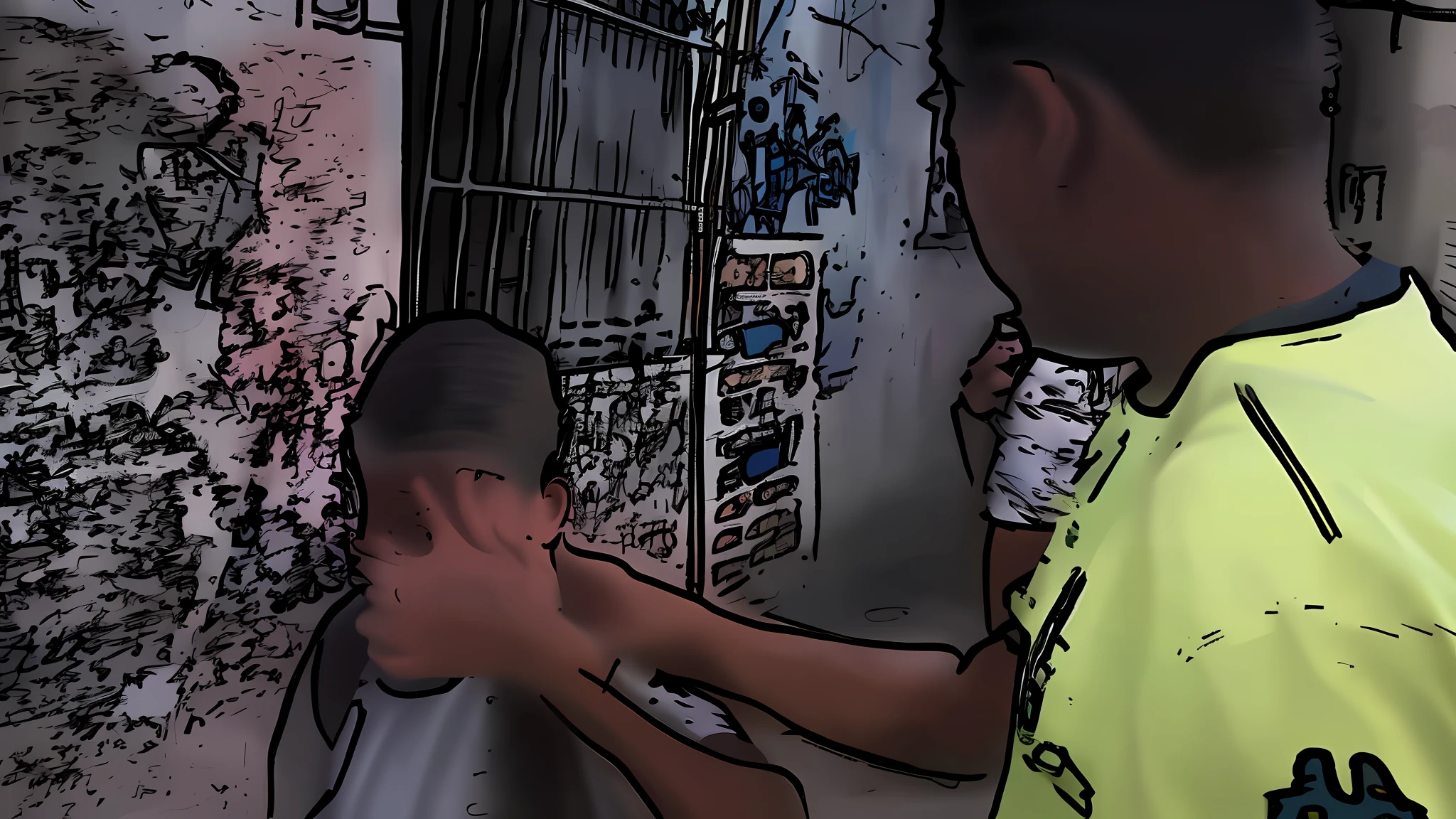 there's a boy in a yellow shirt holding a skateboard, location (favela _ wall), drawn in Microsoft ink, video still, Ramón Silva, Emerson Silva, location (favela), Almada Negreiros, favela, João Artur da Silva, Almeida Júnior, digital art but photo, [digital art]!! --auto --s2