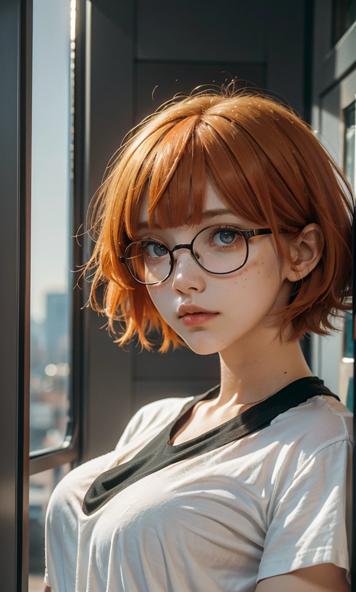 a portrait of one (milk-soaked: 1.2), bangs, (orange hair: 2.6 ), (bob cut: 1.5), glasses, (RAW photo, realism: 1.8), freckle teacher is sitting on a balcony, : vantablack shirt: 18], visible through the vantablack t-shirt, slate atmosphere, cinematic, faded colors, dark shot, soft colors, grainy film, lut, insane details, intricate details, hyperdetailed, close-up, twilight