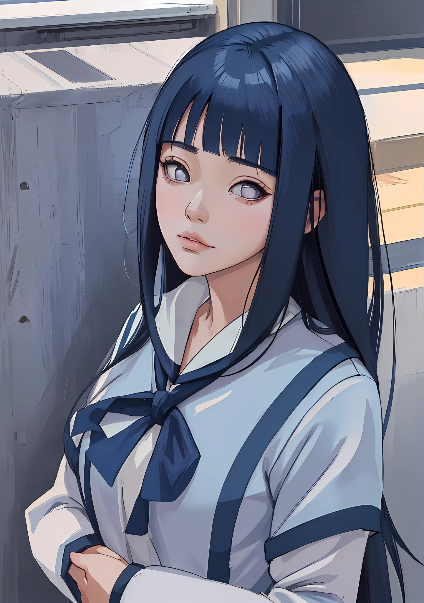 (highres, ultra detailed), masterpiece, hinata\(boruto\), solo, 1girl,medium breasts, high school, high school attire, soft smile, (((long hair))), blink blink effect, (((detailed lips))), knee crop, school building, from side, (((dark blue hair))) standing, looking at someone far away