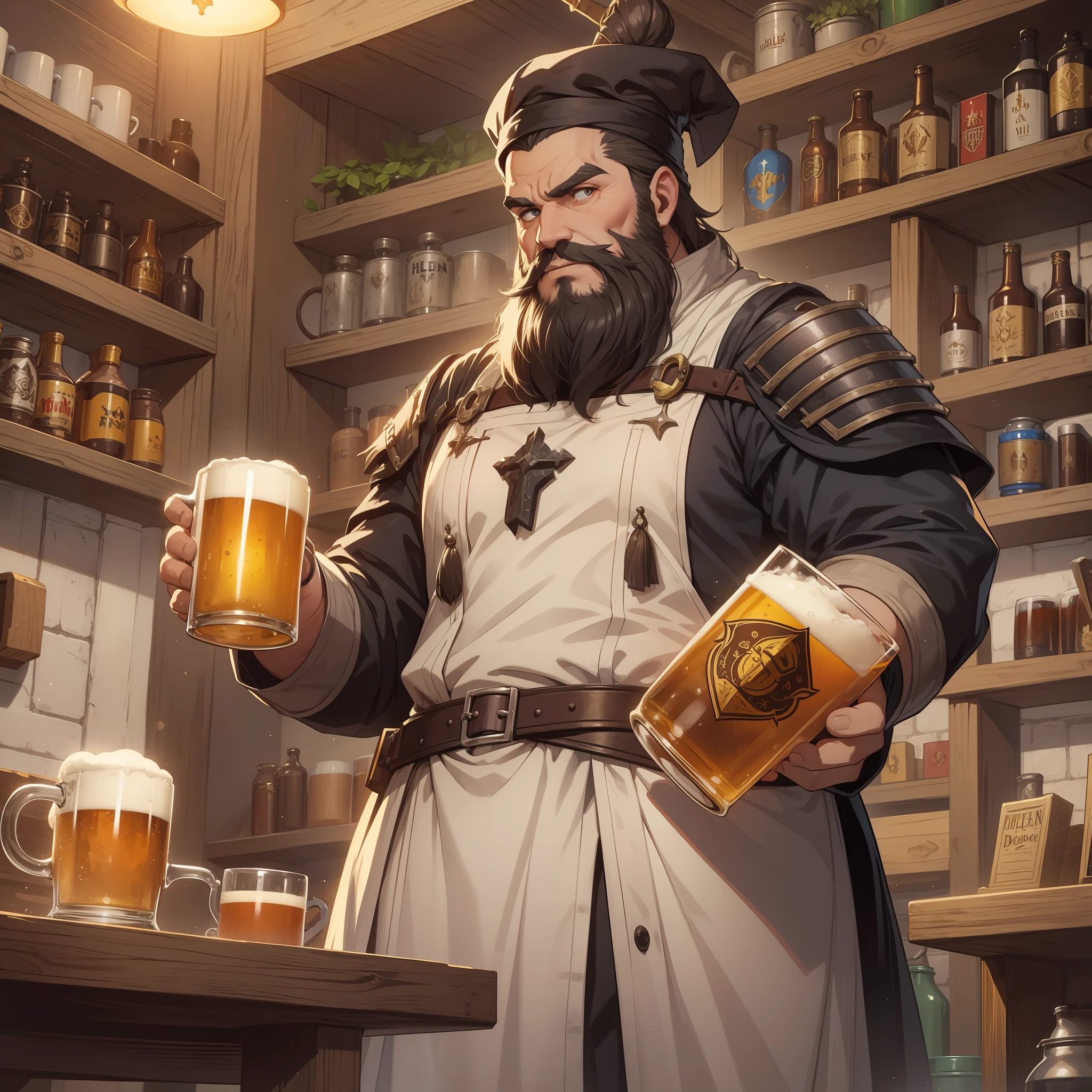 A half-fat, bearded tavern keeper with a mug of beer in the evil medieval DND RPG