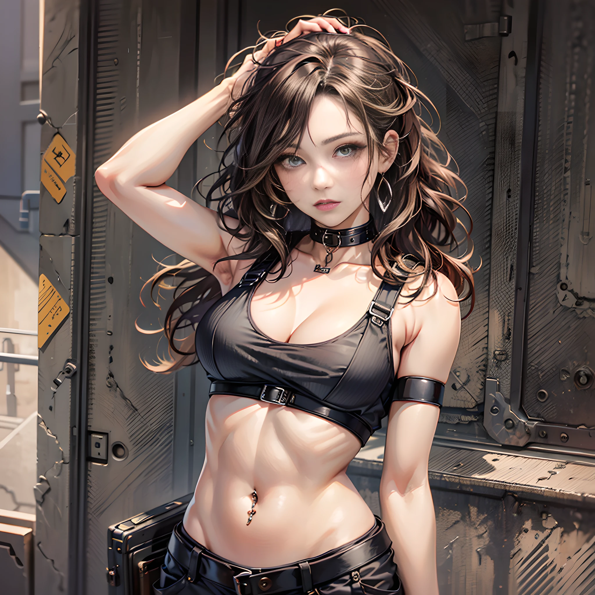Man disguised as a woman, very feminine, pretty and attractive, hazel green eyes, wavy dark brown hair, realistic anime style, high-waisted cargo pants, black crop top, ear piercings, navel piercing --auto --s2