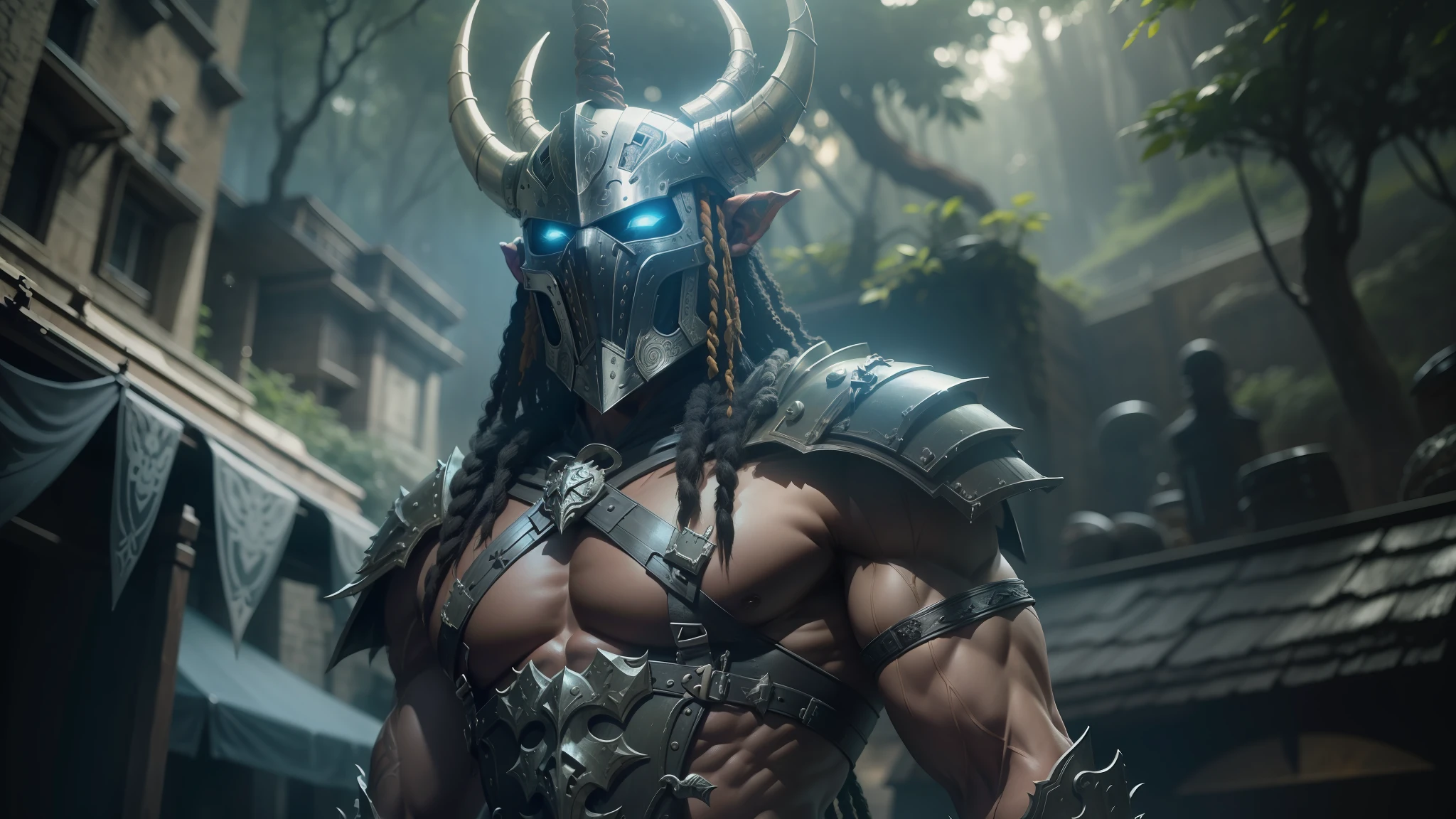 a close up of a man in a horned costume with a sword, still from the movie predator, nekro borja, using leather armour with bones, wearing ancient cimmerian armor, celtic and cyberpunk armor, style of mortal kombat, predator movie, mortal kombat 11, tribal armor, fantasy leather clothing, snoop dogg as a barbarian, character from mortal kombat --auto --s2