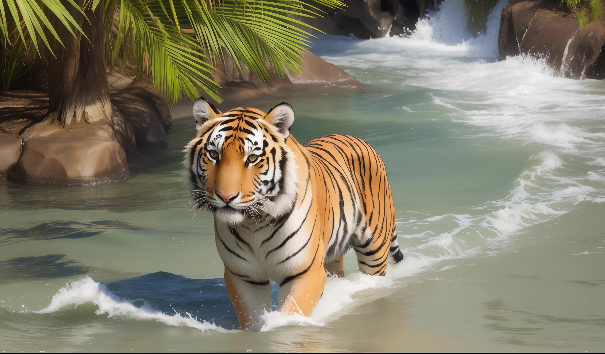 Tiger in the water on tropical beach