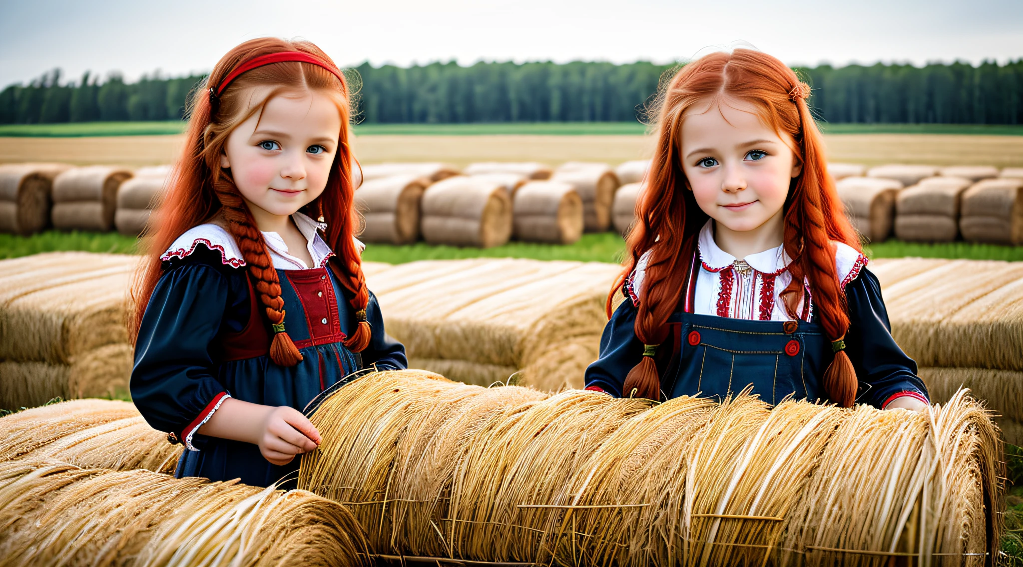 Russian style,  girl, portrait, long red hair, farmer style, with hay and wheat rolls and horse.