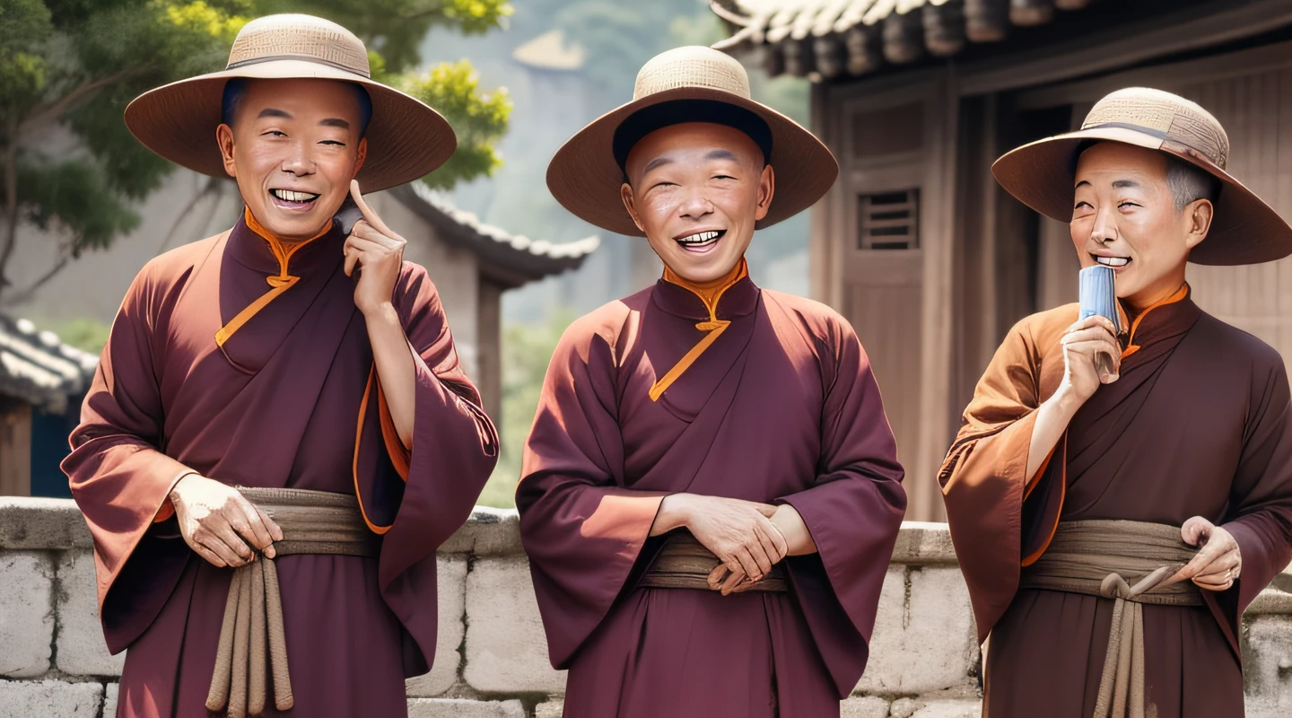 In a village in old china ((three monks)) with brown eyes ((laugh a lot)), portrait