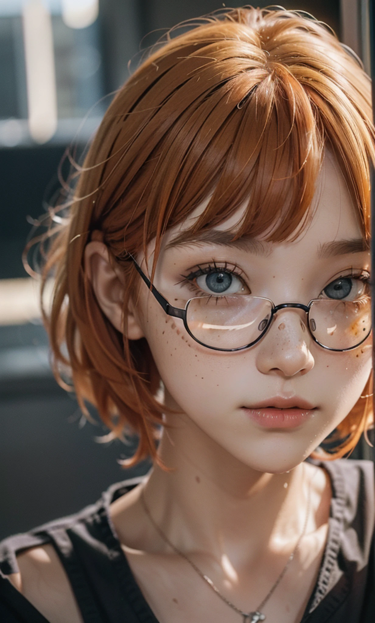 a portrait of one (soaked in milk: 1.2), bangs, (orange hair: 2.6 ), (bob cut: 1.5), glasses, (RAW photo, realism: 1.8), freckle teacher is sitting on a balcony, flushed cheek, vantablack shirt: 18], breasts visible through the vantablack t-shirt, slate atmosphere, cinematic, faded colors, dark shot, soft colors, grainy film, lut, insane details, intricate details,  hyperdetailed, close-up, twilight