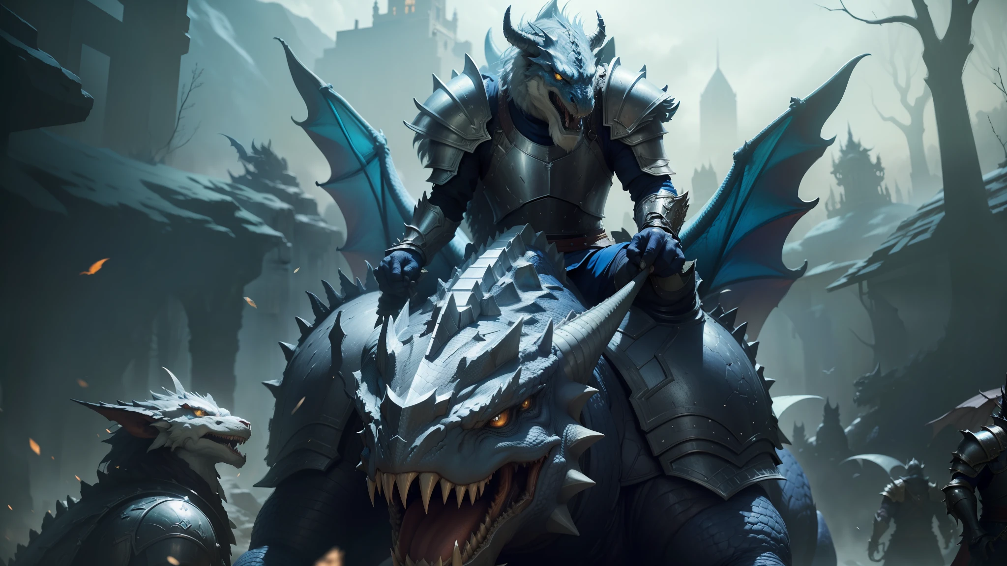 a close up of a person riding a dragon with a bunch of other creatures, monster hunter the movie, draconic looking armor, dragon inspired blue armor, dragon ancient full plate armor, alain delon as monster hunter, with scaly-looking armor, riding a giant silver wolf, fantasy inspired dragon armor, dragon knight, elder scrolls online, joe biden riding a dragon --auto --s2