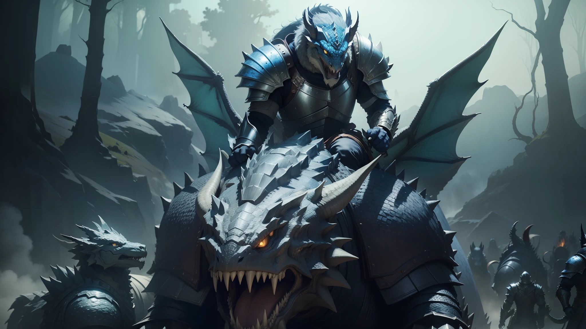 a close up of a person riding a dragon with a bunch of other creatures, monster hunter the movie, draconic looking armor, dragon inspired blue armor, dragon ancient full plate armor, alain delon as monster hunter, with scaly-looking armor, riding a giant silver wolf, fantasy inspired dragon armor, dragon knight, elder scrolls online, joe biden riding a dragon --auto --s2