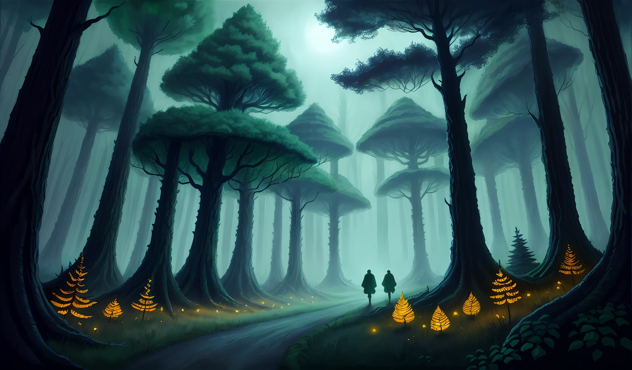 Forest with strange trees and ostis creatures, the night (detailed drawing) (strong colors) (scary)