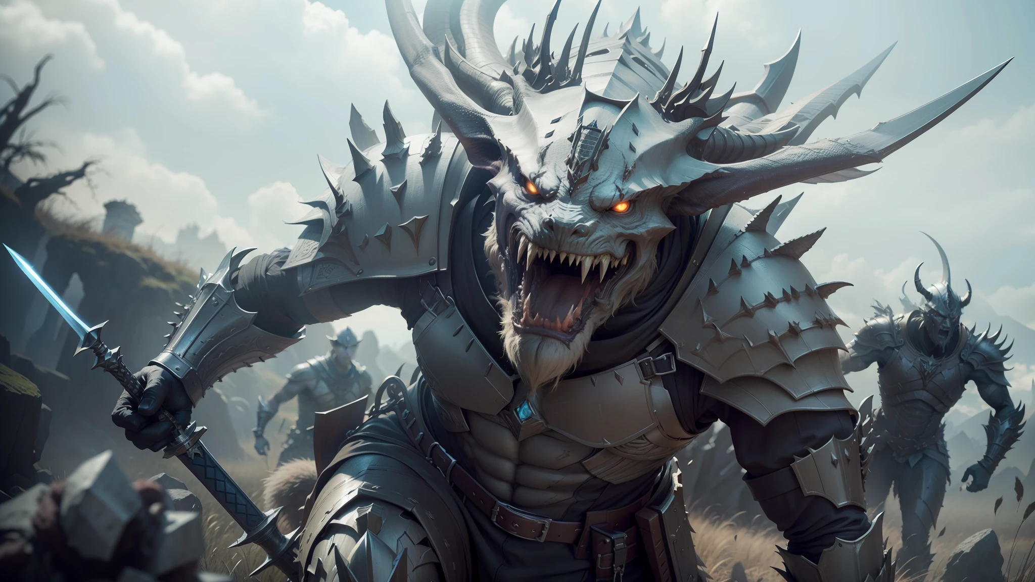 a close up of a demonic creature with a sword in a field, weta digital, still from a fantasy movie, hyper realistic fantasy monster, monster hunter the movie, infinity blade concept art, vfx movie closeup, still from a live action movie, unreal engine: .2, cgi art, unreal engine fantasy art, weta studios, unreal engine 5 : : --auto --s2