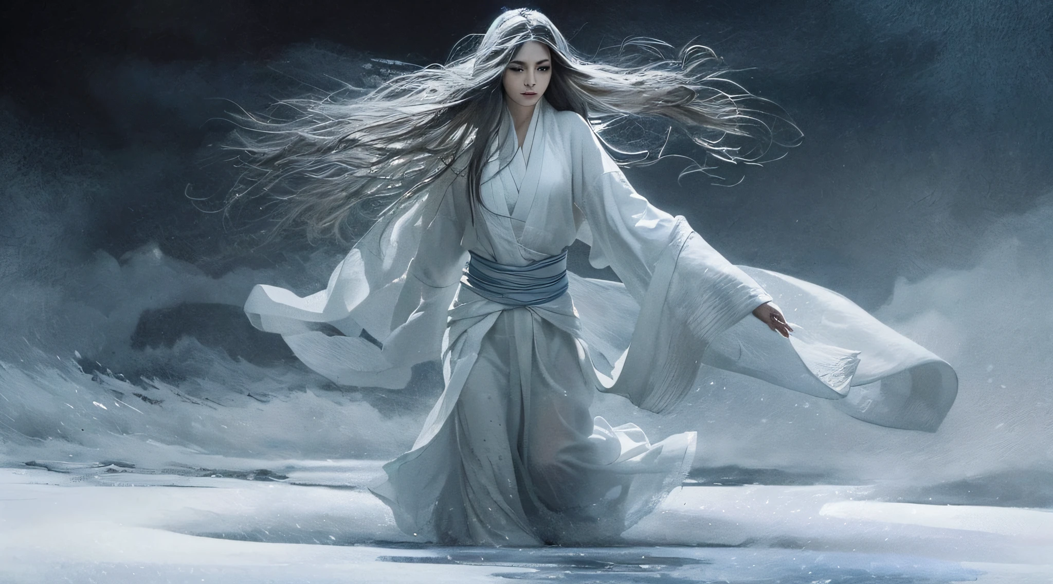 A snow spirit appeared on a blizzard night when the snow and wind were blowing violently,  The spirit is very beautiful, wearing a white kimono, her skin is translucent white, her hair is long and black, her eyes are shining blue, and the strong wind is making the spirit's long black hair sway violently, In the darkness, only the genie is illuminated, very fantastic, the genie is dressed in pure white, beautiful face, lonely pale face, looking forward, but his eyes are slanting and he looks lonely, White dragon in background, watercolor, wet-on-wet or splatter technique, centered, perfect composition, abstract, surrealism