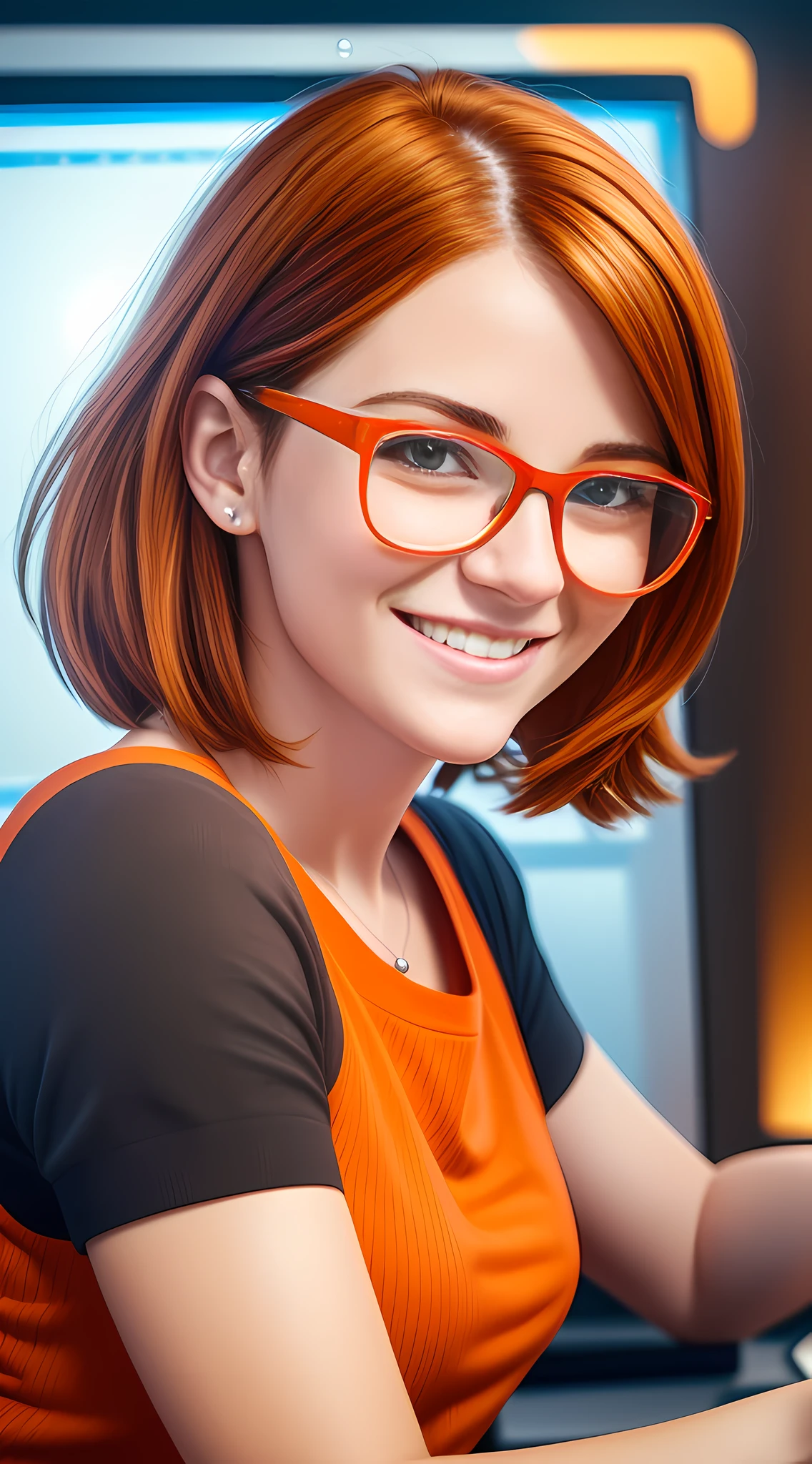 ma character 30 year old woman wearing beautiful orange glasses and smiling wearing a plain orange knit t-shirt, very short and spiky orange brown hair, working an advertising agency with orange walls, blurred background, looking at the monitor of an iMac, smiling, cinematic lighting, shallow depth of field, 8k uhd, dslr, 35 mm 1.8 lens, masterpiece, high quality, photorealistic, realism, hyperrealism, art photography --auto --s2