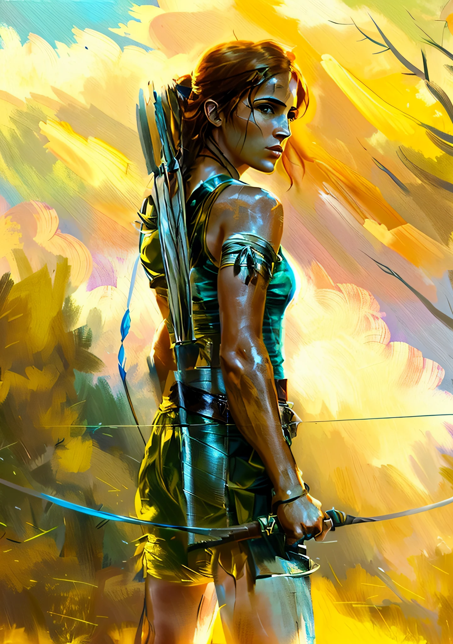 arafed image of a woman with a bow and arrows in the sky, film still from 'tomb raider', emma watson as lara croft, tomb raider beautiful, tomb raider (2018), lara croft, tomb raider setting, portrait of lara croft, tomb raider, with bow and arrow, muscular sweat lara croft, emma watson as kratos, textless