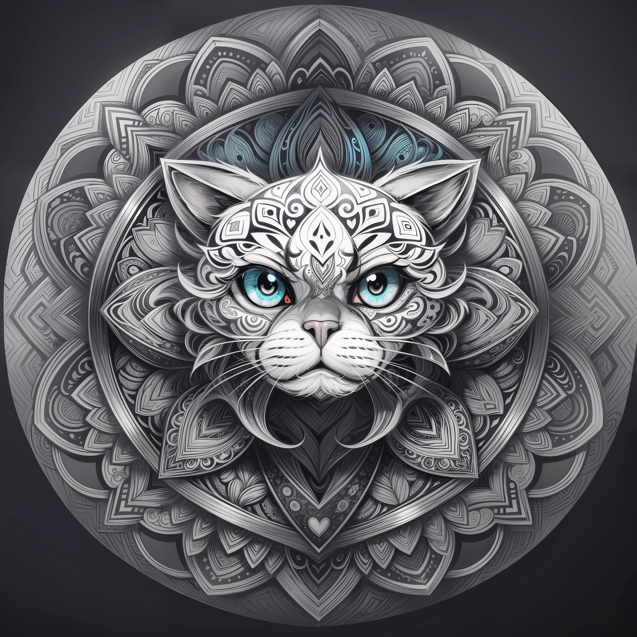 Coloring page for adults, bold lines, dark lines, mandala puppy body, mandala cat face,
mandala face, symmetrical, white background, clean line art, fine line art --auto --s2