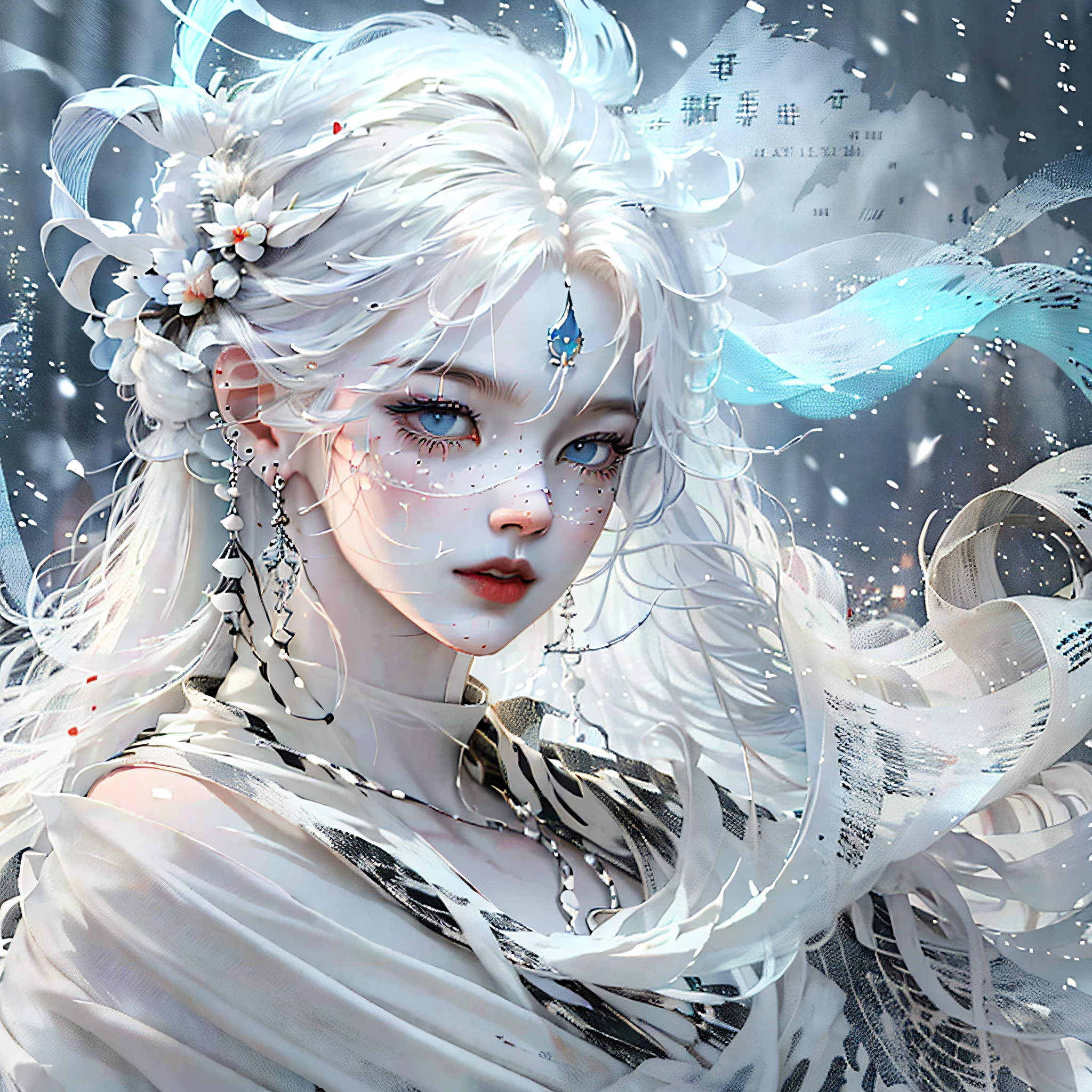A snow spirit appeared on a blizzard night when the snow and wind were blowing violently, The spirit is very beautiful, wearing a white kimono, her skin is translucent white, her hair is long and black, her eyes are shining blue, and the strong wind is making the spirit's long black hair sway violently, In the darkness, only the genie is illuminated, very fantastic, the genie is dressed in pure white, beautiful face, lonely pale face, looking forward, but his eyes are slanting and he looks lonely, White dragon in background, watercolor, wet-on-wet or splatter technique, centered, perfect composition, abstract, surrealism --auto --s2