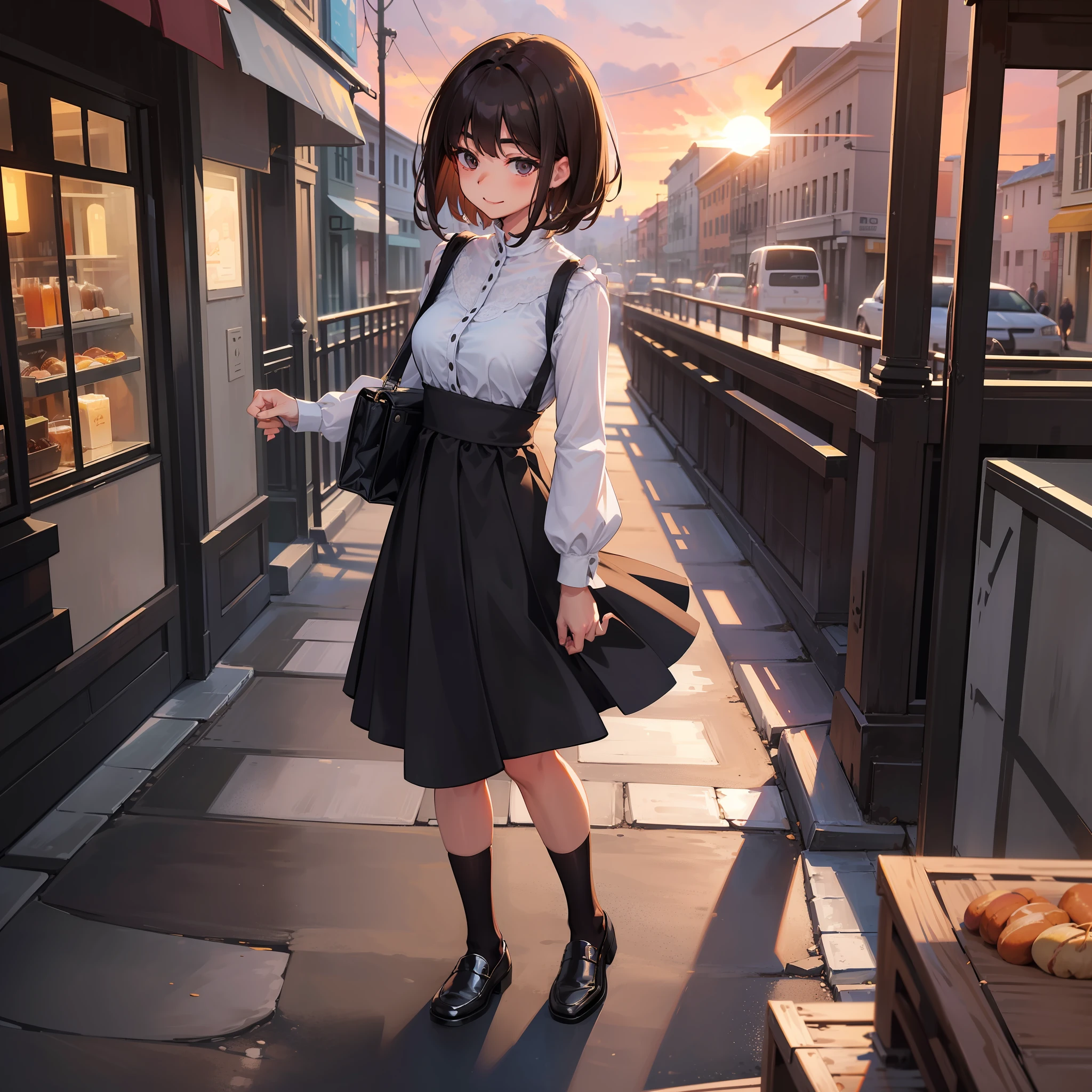 A lovely woman walking through the European-style streets during the sunset. The alleys are crowded with cafes, restaurants, and bars. She turns her back to the camera and looks back. Only one woman is depicted on the screen. A 24-year-old woman, sending an attractive gaze (clean medium breasts: 1.0), solo, one on the screen, two legs. Best ratio of four fingers to one thumb, masterpiece, detail high resolution, volumetric lighting, best shadow, shallow depth of field, petite, delicate and attractive face, attractive black eyes, slightly bewitching eyes, happy smile, adult sexy face, mouth closed, (dark brown hair), hair intake short hair, short cut, thick eyelashes, (white dress), slim waist, Long one-piece skirt, (top quality, amazing details:1.25), full body shot, (standing: 1.0), brown loafers, beautiful sunset, black high socks.