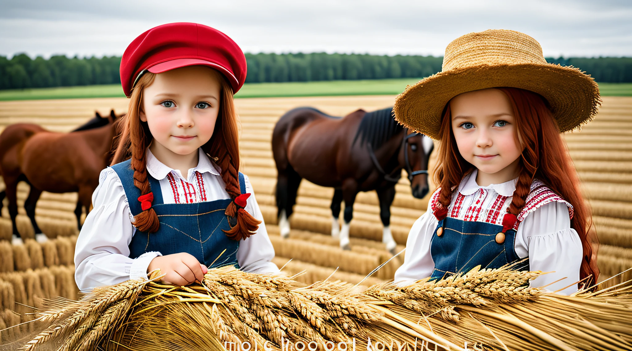 Russian style, girl, portrait, long red hair with hat, farmer style, with hay and wheat rolls and horse.