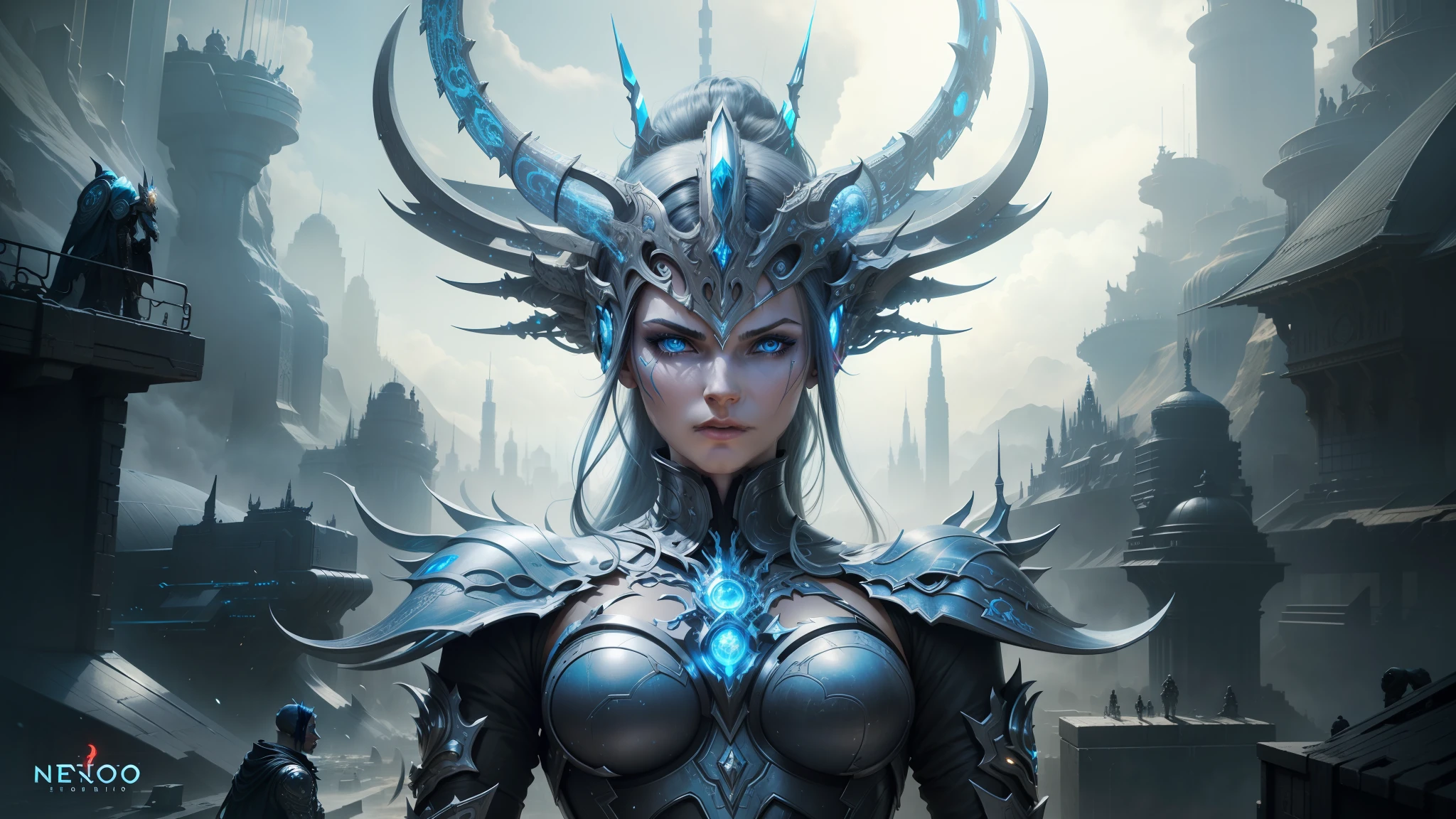 arafed woman with horns and blue eyes in a futuristic city, nekro xiii, nekro iii, cyberpunk robotic elvish queen, nekro, wearing witchblade armor, elize theron, elegant cinematic fantasy art, cyborg goddess in cosmos, highly detailed cgsociety, epic scifi fantasy art, of an cyber gods, frost giant --auto --s2