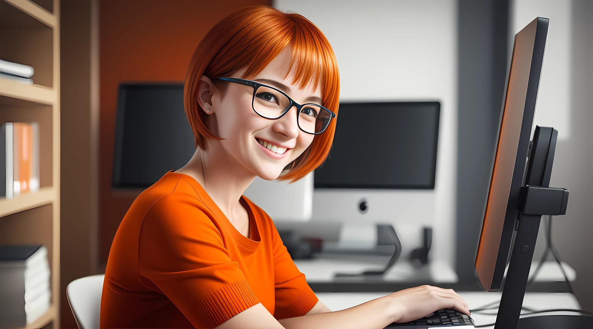 ma character 30 year old woman wearing beautiful orange glasses and smiling wearing a plain orange knit t-shirt, very short and spiky orange brown hair, working an advertising agency with orange walls, blurred background, looking at the monitor of an iMac, smiling, cinematic lighting, shallow depth of field, 8k uhd, dslr, 35 mm 1.8 lens, masterpiece, high quality, photorealistic, realism, hyperrealism, art photography --auto --s2
