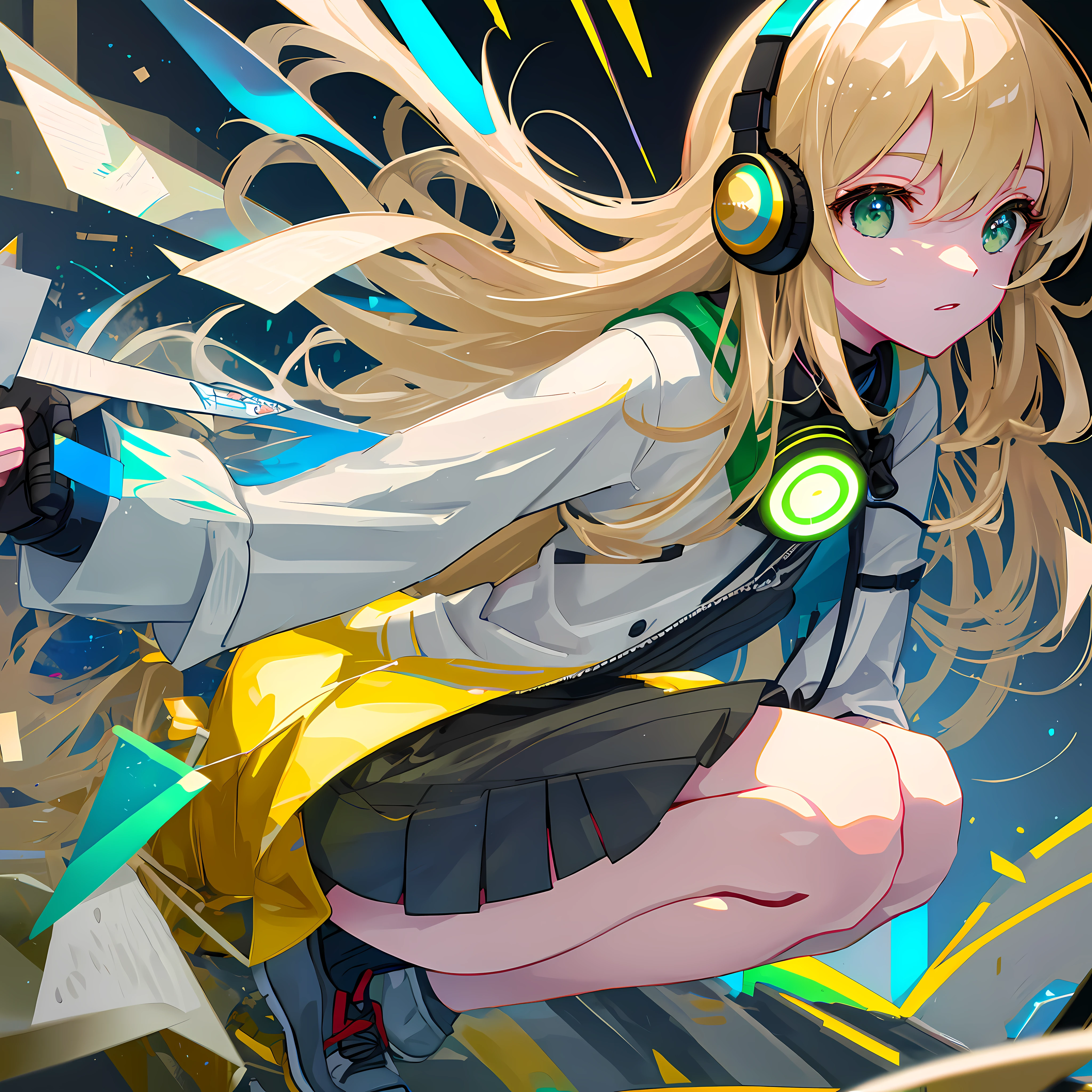 (best quality, highly-detailed, illustration, accurate, perfect anatomy), 1girl, solo, city, contemporary, profile picture closeup, blonde beige long hair, green eyes, beautiful detailed eyes, squatting, headphones, trending on ArtStation, featured on Pixiv, perfect anatomy, beautiful colors, beautiful composition, digital art, (masterpiece), highres, 8k, UHD, award winning