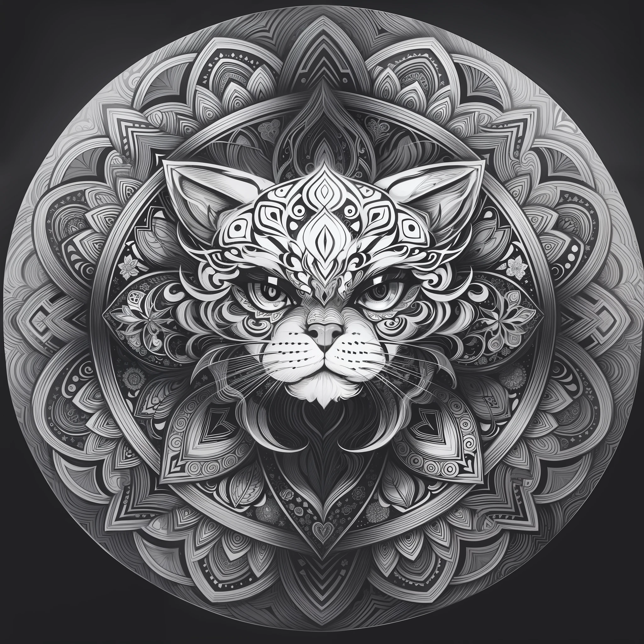 Coloring page for adults, bold lines, dark lines, mandala puppy body, mandala cat face,
mandala face, symmetrical, white background, clean line art, fine line art --auto --s2