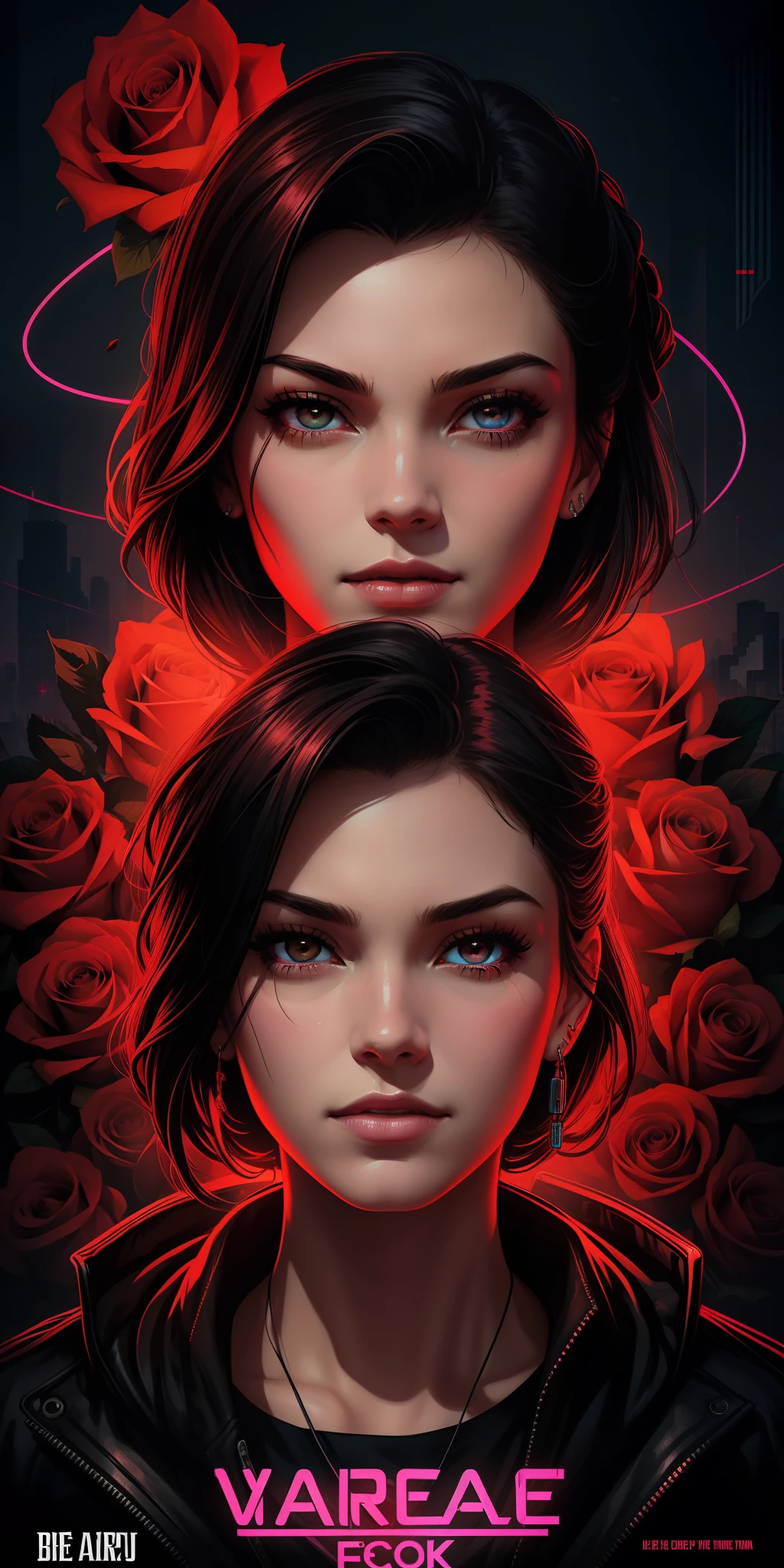 a poster of a woman's face with roses around her eyes and the words bearale on it by Shepard Fairey(cyberpunk) (neon)