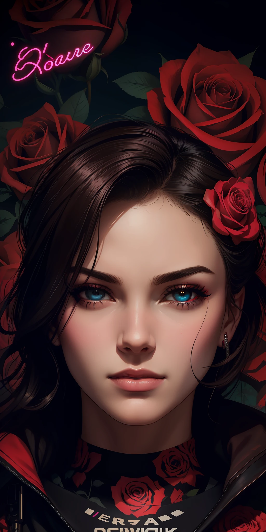 a poster of a woman's face with roses around her eyes and the words bearale on it by Shepard Fairey(cyberpunk) (neon)