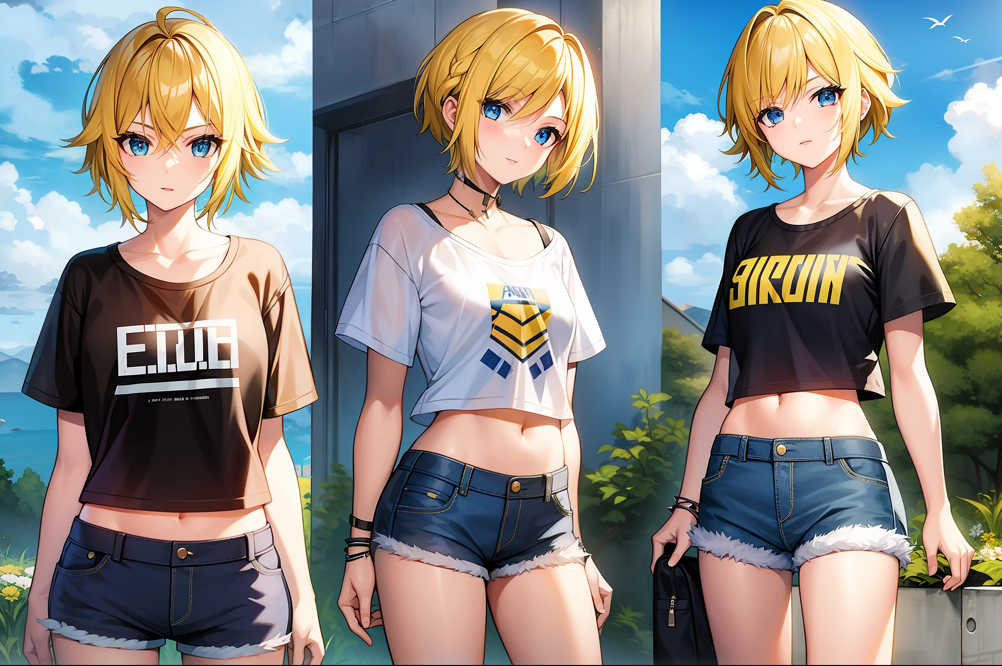 Girl,with spiky yellow hair,short, flat chested ,blue eyes ,casual t-shirt, wearing shorts ,Fullbody, with clouds hair from final fantasy