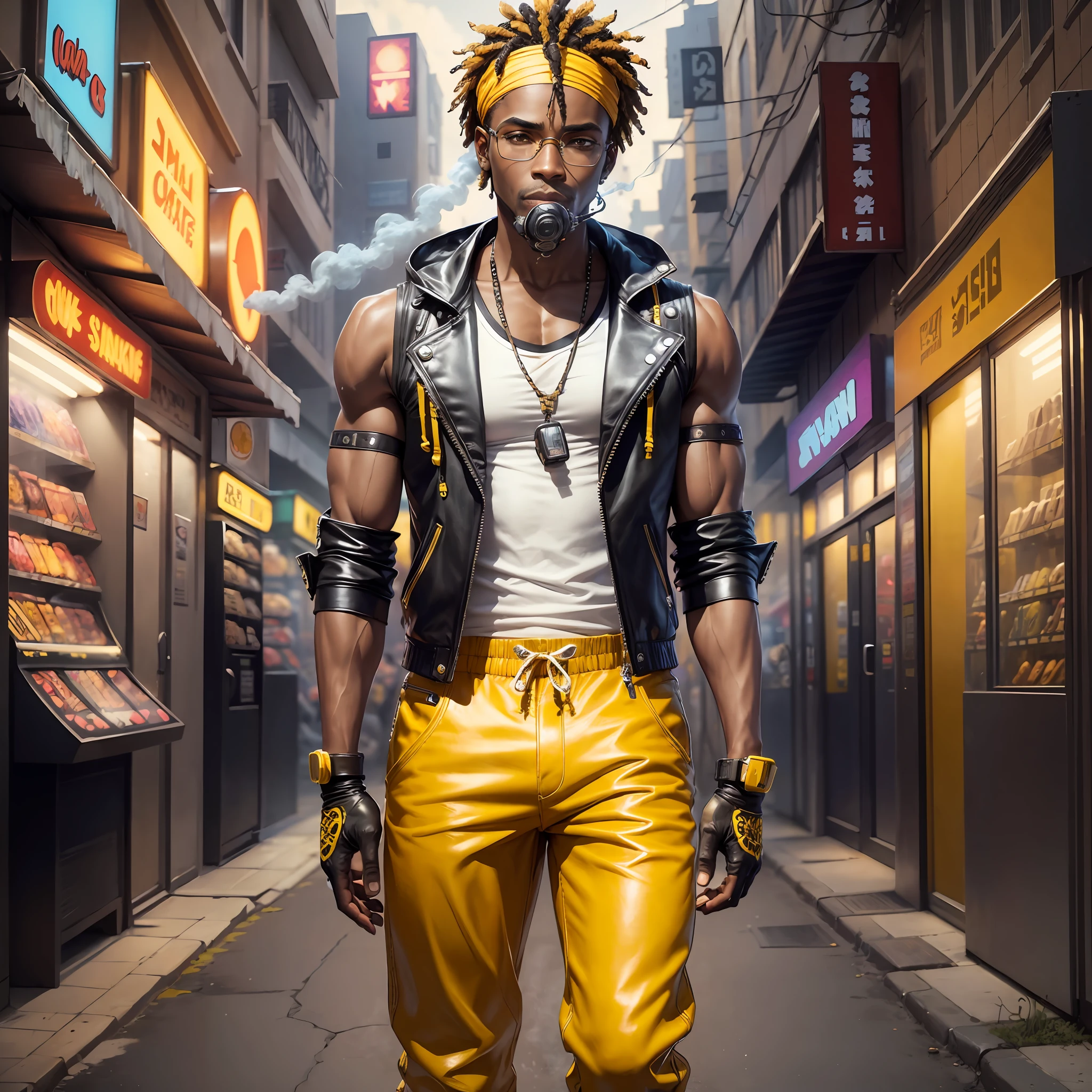 1 man, African, (((detailed face)))), ((HD IMAGAGE)), braided hair, medium hair, tied hair, prescription glasses, dark brown eyes, toned skinny, clothing: leather vest, yellow pants, all starr sneakers, headband, gloves. Landscape: toxic smoke around, cyberpunk, arcade --auto --s2