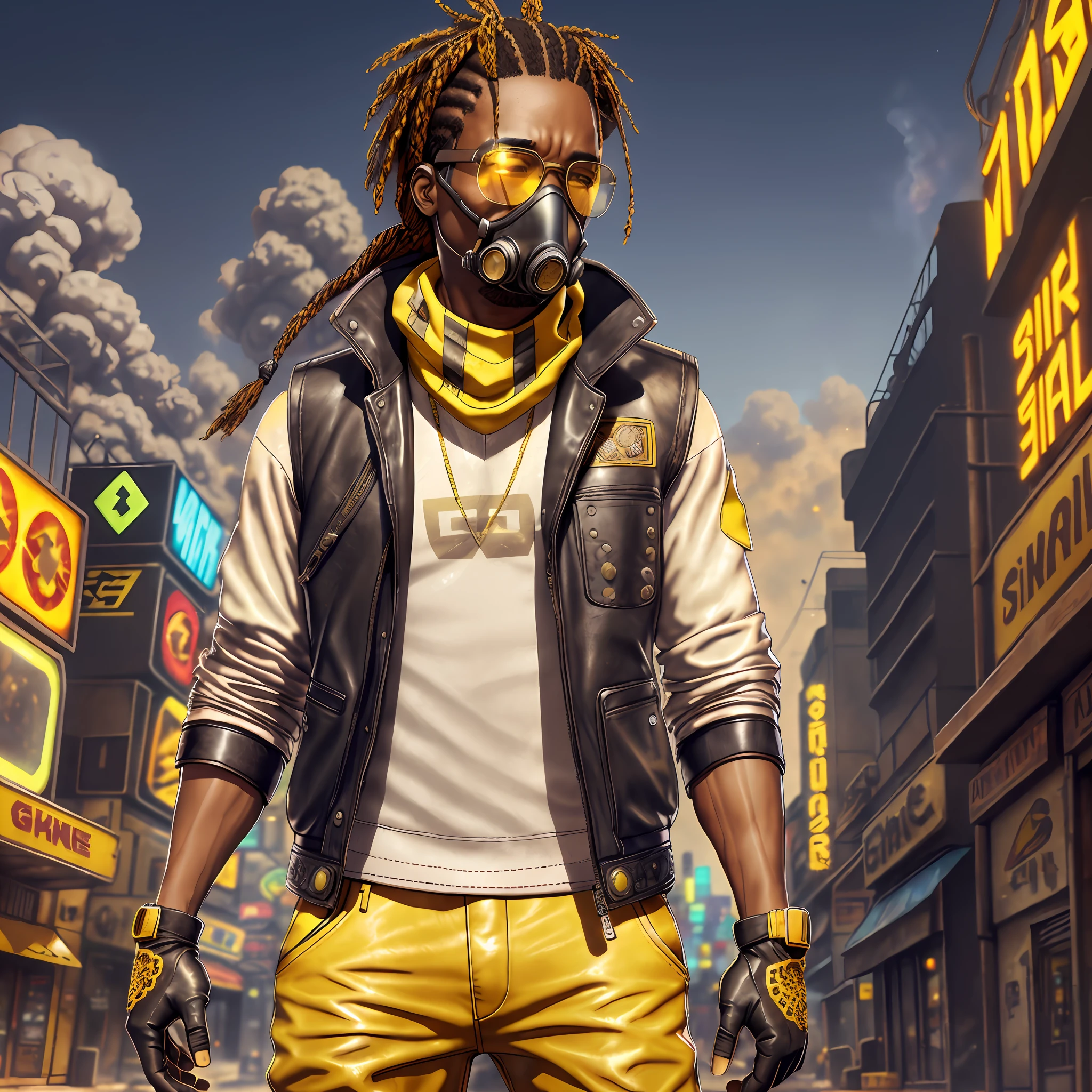 1 man, African, (((detailed face)))), ((HD IMAGAGE)), braided hair, medium hair, tied hair, prescription glasses, dark brown eyes, toned skinny, clothing: leather vest, yellow pants, all starr sneakers, red bandana, gloves. Landscape: toxic smoke around, gas mask, cyberpunk, arcade --auto --s2