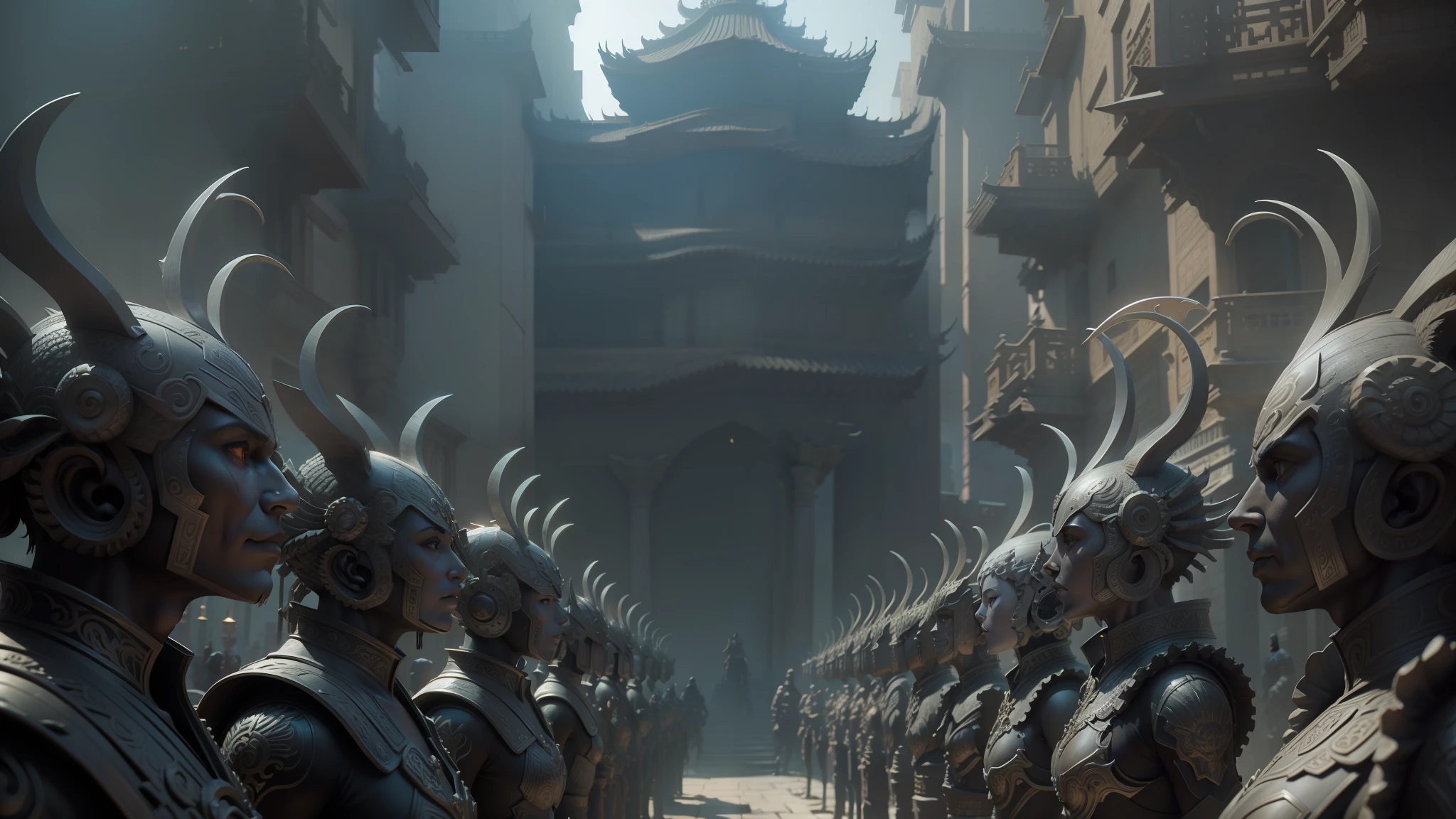 there are many statues of animals in a row in front of a building, intricate matte painting, mandelbulb architecture, in screenshot from the 300 movie, greg rutkowski and h r giger, unreal engine cinema4d, grim dark orientalism, cgsociety unreal engine, insanely detailed matte painting, cyberpunk chinese ancient castle, hyperdetailed 3d matte painting --auto --s2