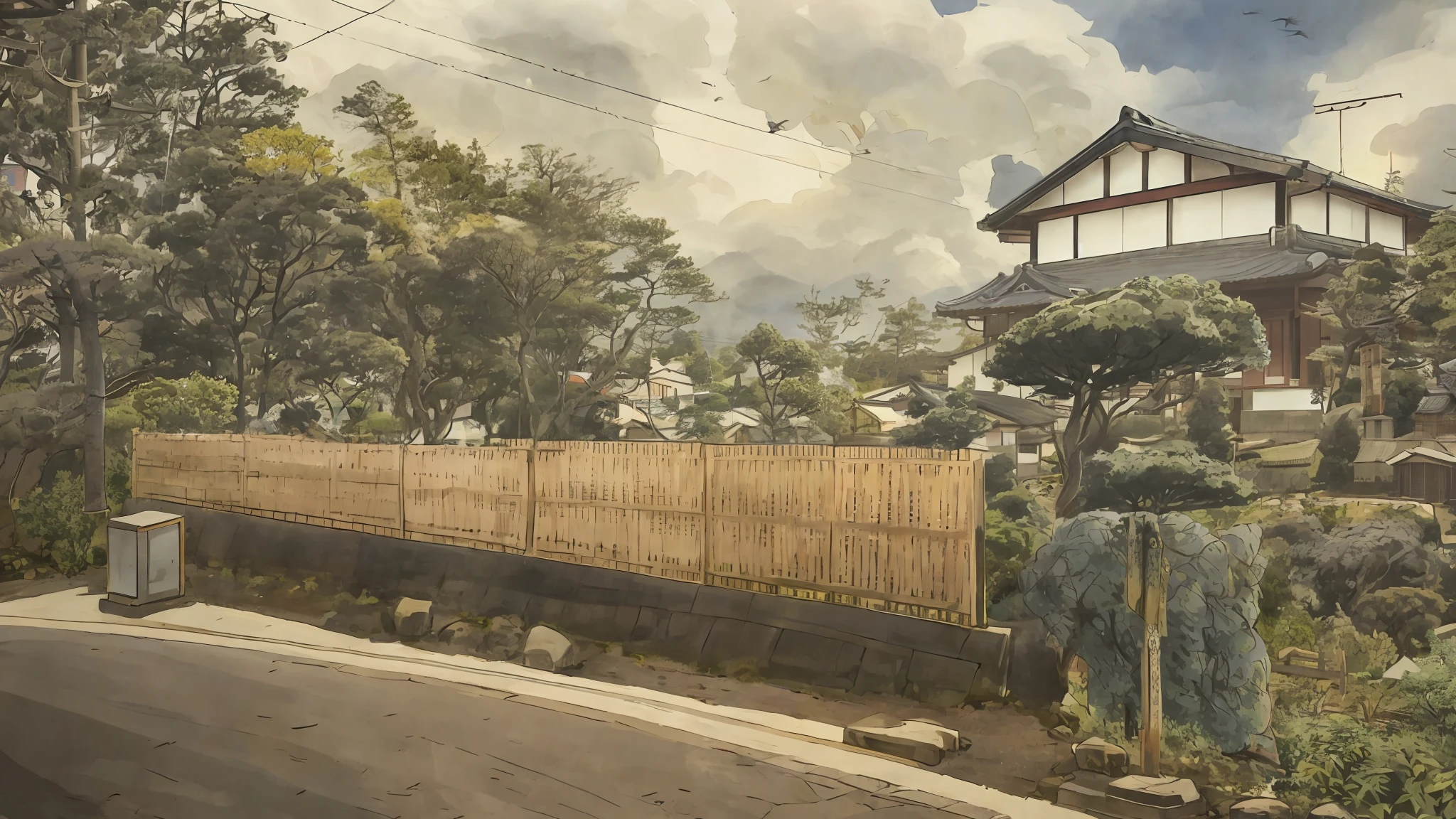 there is a small wooden fence in front of a house, from the distance, near a japanese shrine, residential area, kamakura scenery, with matsu pine trees, countryside in japan, japanese house, edo era house in the background, japanese neighborhood, japanese countryside, ehime, view from the distance, taken in 2 0 2 0, torii in the background