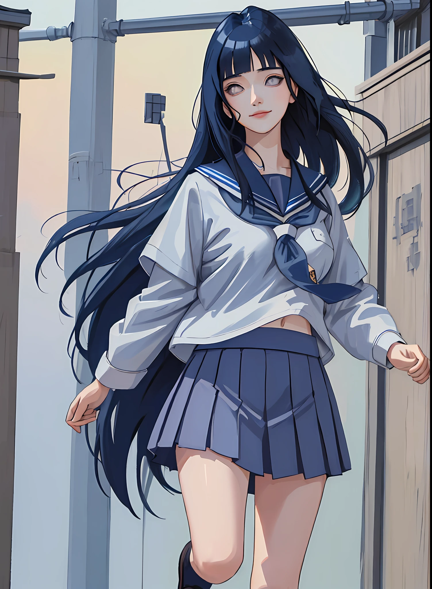 (highres, ultra detailed), masterpiece, hinata\(boruto\), solo, 1girl,medium breasts, high school, high school attire, smile, (((long hair))), blink blink effect, (((detailed lips))), knee crop, school building (((dark blue hair))) standing, looking at someone far away, calm girl