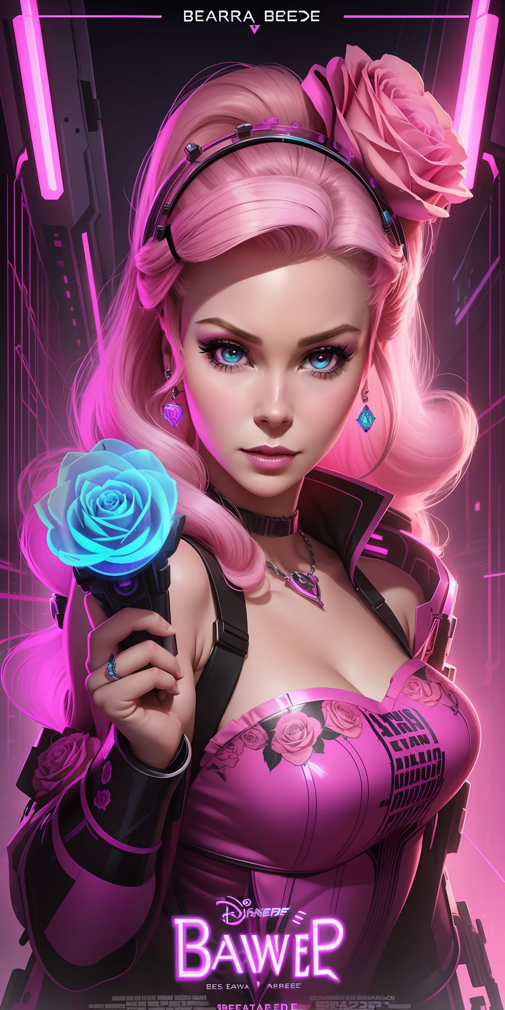 Poster of a princess's face with roses around her eyes and the words bearale on it by Shepherd Ferry (cyberpunk) (neon) ((Barbara Eden style))