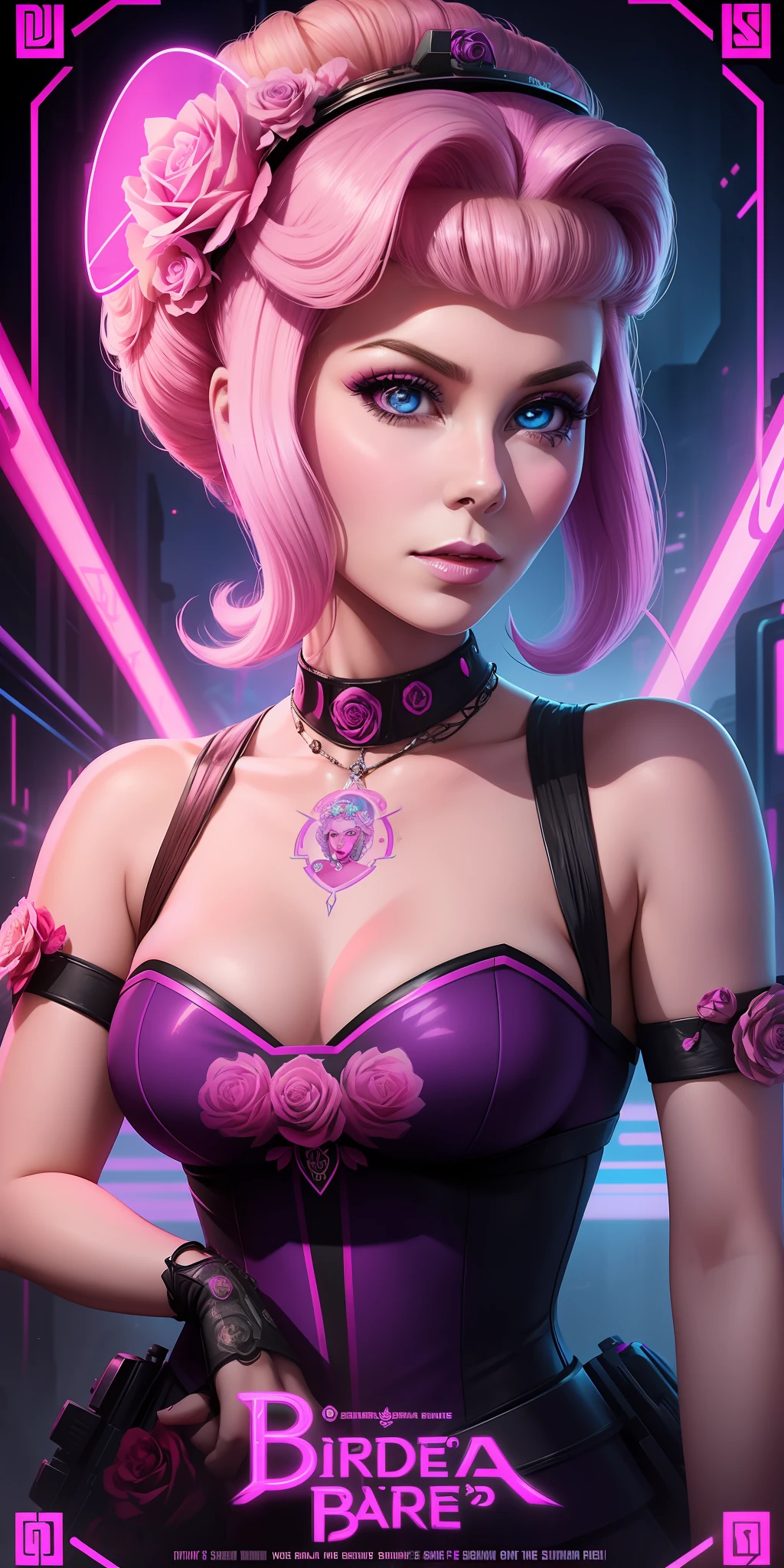 Poster of a princess's face with roses around her eyes and the words bearale on it by Shepherd Ferry (cyberpunk) (neon) ((Barbara Eden style))