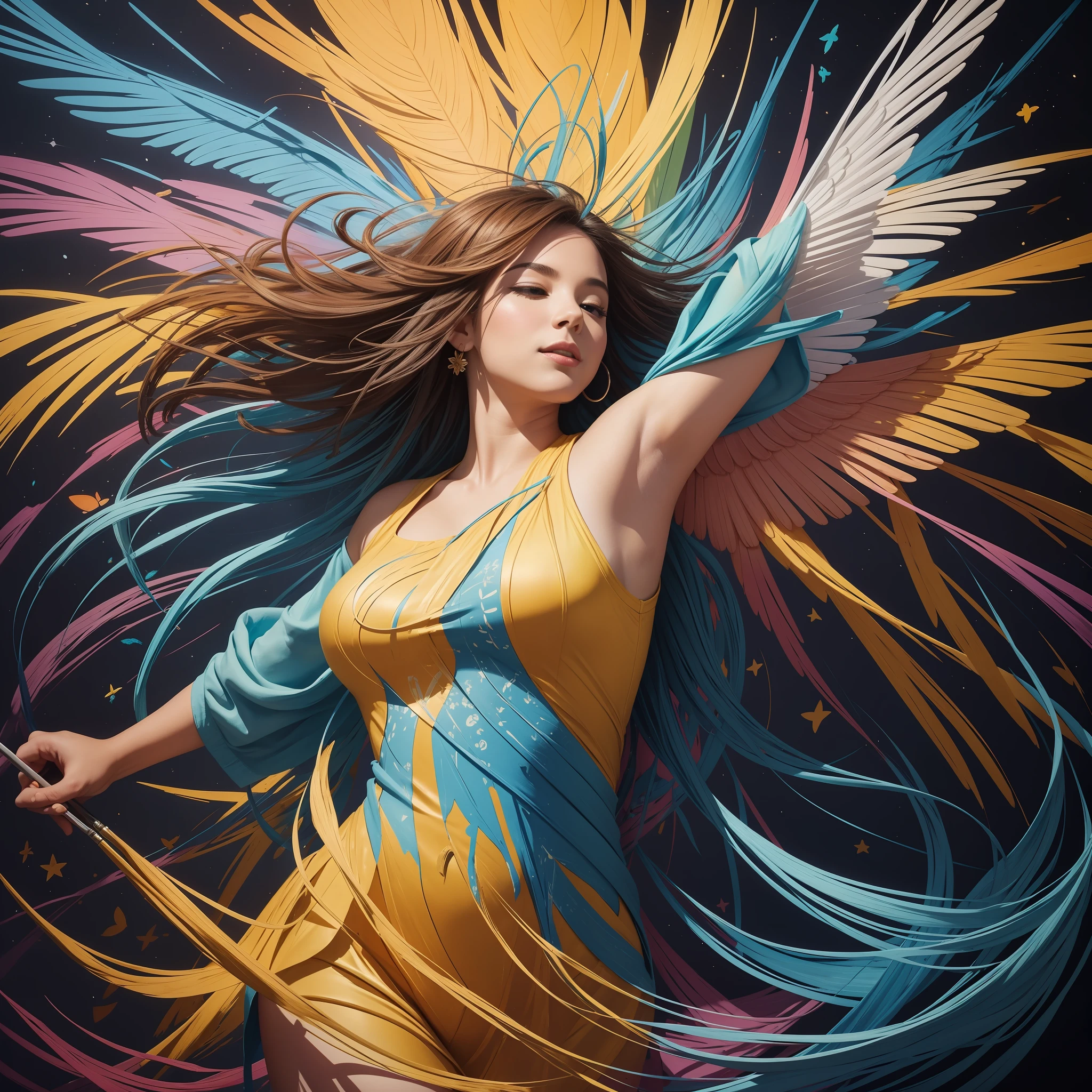 Create a painting that captures the essence of the letter "The Voice of the Soul" and the importance of expressing its true essence. Use a vibrant and warm color palette to convey the energy and vitality of authenticity. In the center of the painting, depict a human figure, preferably larger than the others, with arms extended upwards. This figure symbolizes the soul and authentic expression. Paint it with intense and bright colors, highlighting your individuality and inner energy. Around the central figure, paint different shapes and elements that represent the diversity of talents, gifts, and perspectives. Use varied and contrasting colors to portray the multiplicity of unique expressions. These elements can include musical instruments, painting brushes, open books, writing feathers, or any other symbol that represents different forms of expression. To convey the idea of freedom and authenticity, create movement in the painting. Use loose, gestural brushstrokes to represent the energy flowing and spreading through the space. Add curved and wavy lines that connect between the different elements, symbolizing the connection between the various forms of expression. At the top of the painting, include symbols that represent inspiration and influence. It can be the image of wings, butterflies or rays of light radiating from the hands of the central figure. These elements symbolize how the authentic expression of the soul can inspire and transform both one's own life and that of others. Finally, add small details of hearts scattered throughout the painting. They represent the emotional connection and positive impact that authenticity and soul expression can have on relationships and the world around them.