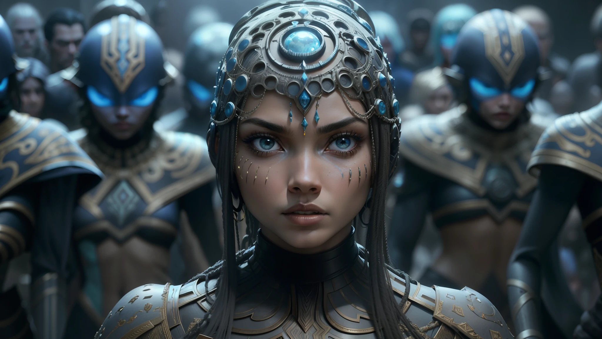 a woman with a large headpiece and a lot of other people behind her, valerian, shanina shaik as medusa, still from movie dune, still from alita, avatar ( 2 0 0 9 ), movie still of the alien girl, scene from dune 2 0 2 1 movie, imax close-up of face --auto --s2