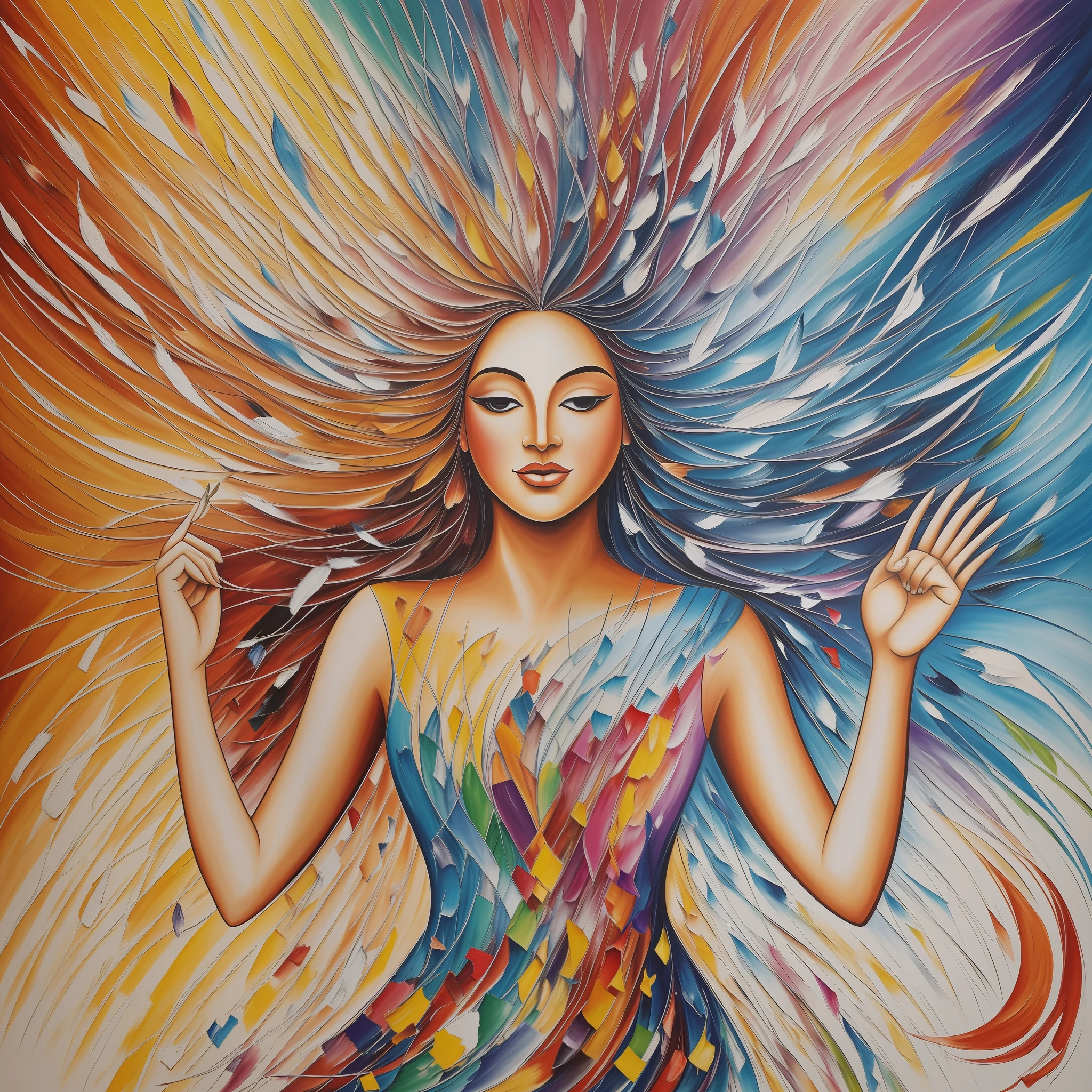 Create a painting that captures the essence of the letter "The Voice of the Soul" and the importance of expressing its true essence. Use a vibrant and warm color palette to convey the energy and vitality of authenticity. In the center of the painting, depict a human figure, preferably larger than the others, with arms extended upwards. This figure symbolizes the soul and authentic expression. Paint it with intense and bright colors, highlighting your individuality and inner energy. Around the central figure, paint different shapes and elements that represent the diversity of talents, gifts, and perspectives. Use varied and contrasting colors to portray the multiplicity of unique expressions. These elements can include musical instruments, painting brushes, open books, writing feathers, or any other symbol that represents different forms of expression. To convey the idea of freedom and authenticity, create movement in the painting. Use loose, gestural brushstrokes to represent the energy flowing and spreading through the space. Add curved and wavy lines that connect between the different elements, symbolizing the connection between the various forms of expression. At the top of the painting, include symbols that represent inspiration and influence. It can be the image of wings, butterflies or rays of light radiating from the hands of the central figure. These elements symbolize how the authentic expression of the soul can inspire and transform both one's own life and that of others. Finally, add small details of hearts scattered throughout the painting. They represent the emotional connection and positive impact that authenticity and soul expression can have on relationships and the world around them.